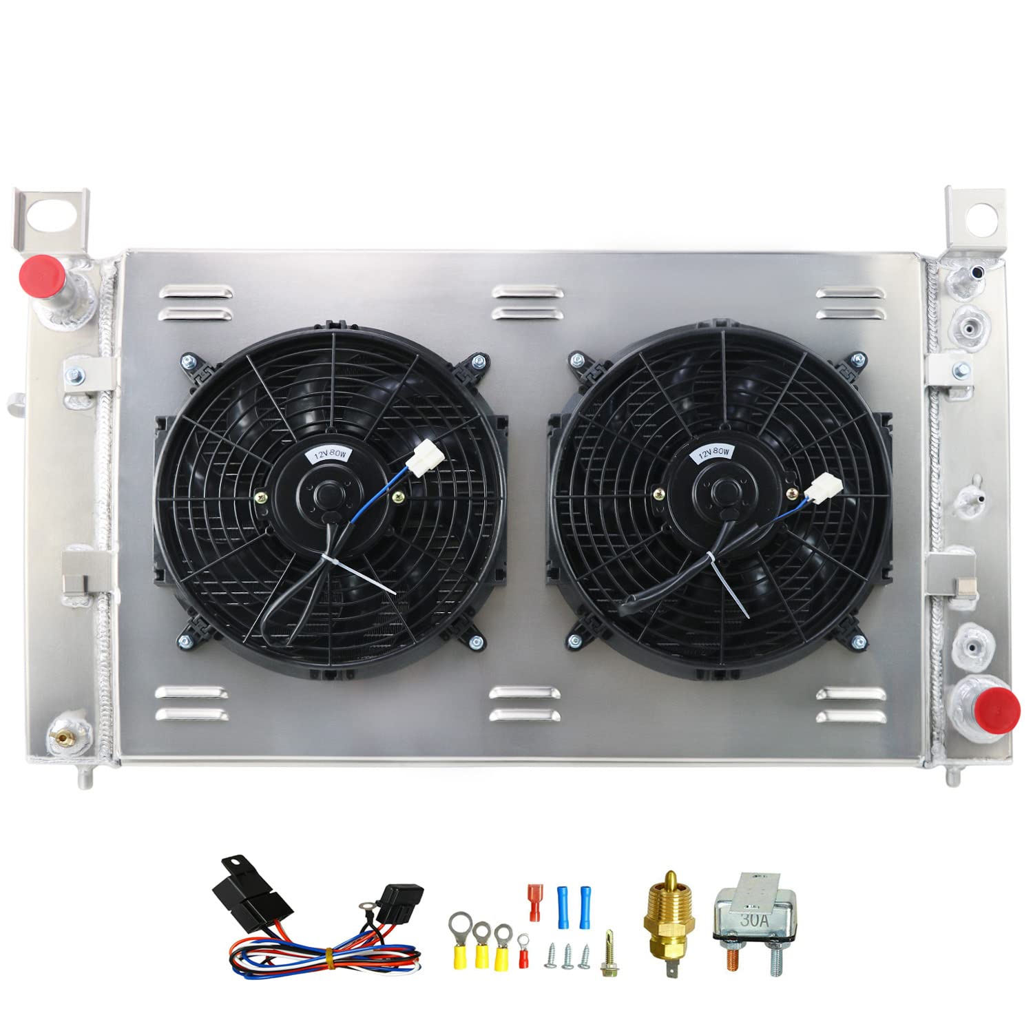 High-Performance 3-Row Aluminum Radiator for 1999-2013 Chevy GMC Silverado Sierra 1500 2500 Yukon Tahoe V8 Engine - Includes Cooling Fan Shroud & Relay Kit | Perfect for Off-Roading, Towing & Heavy-Duty Use