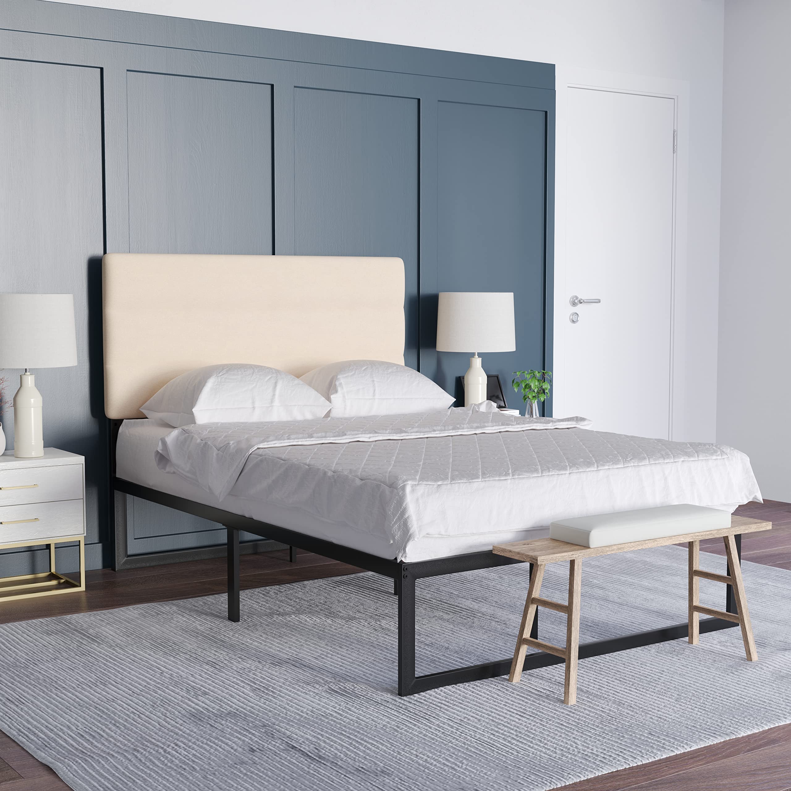 Emma & Oliver Gannon Full Size Upholstered Headboard - Cream Fabric, Adjustable Height, Easy 30-Min Assembly - Fits Most Bed Frames (Not Included) | Perfect for Bedroom Makeovers & Guest Room Decor