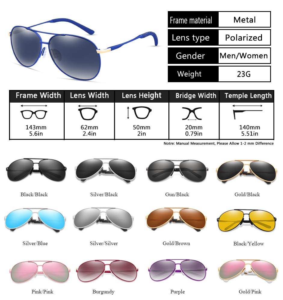 Polarized Aviator Sunglasses for Men & Women - UV400 Protection Metal Frame - Classic Retro Style for Driving, Outdoor Sports & Fashion Accessories