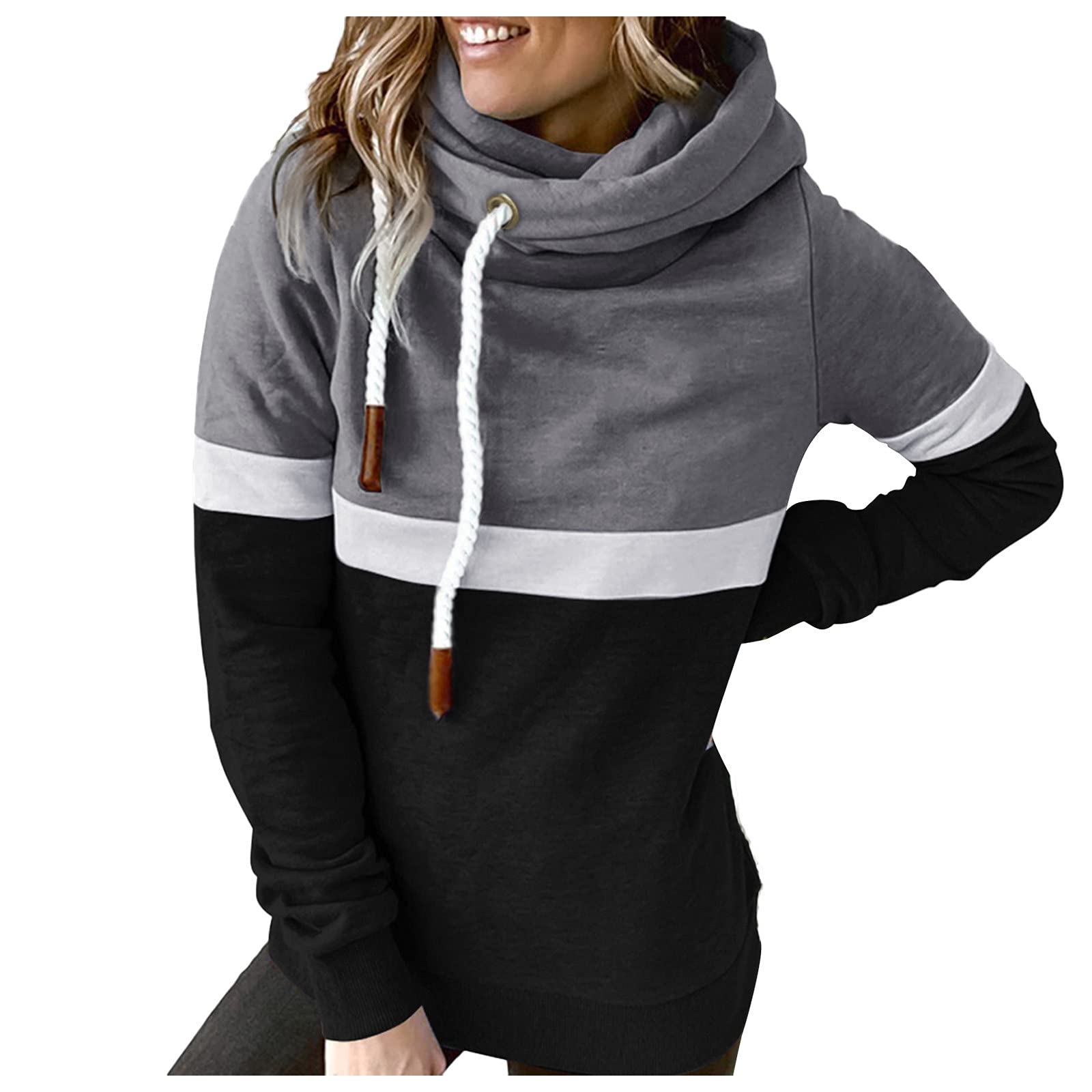 Women's Cowl Neck Hoodie Pullover - Long Sleeve Colorblock Hooded Sweatshirt for Casual Wear | Fall Fashion Tops for Layering & Outdoor Activities