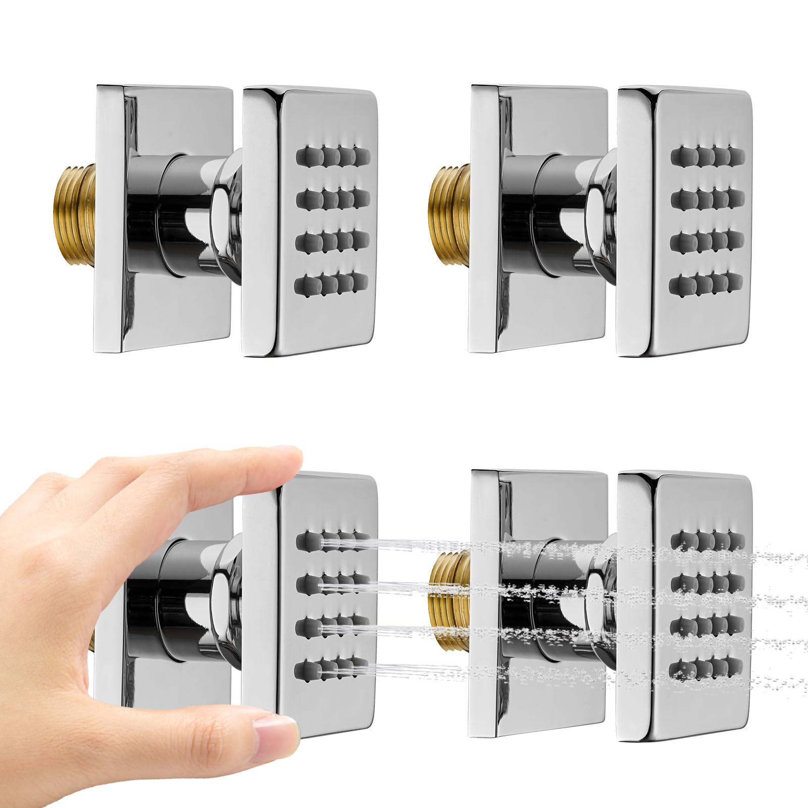 4PCS Square Shower Body Jet Spray - Brass Head Massage Spa System with On/Off Flow Control - Polished Chrome Finish for Bathroom & Luxury Shower Experience