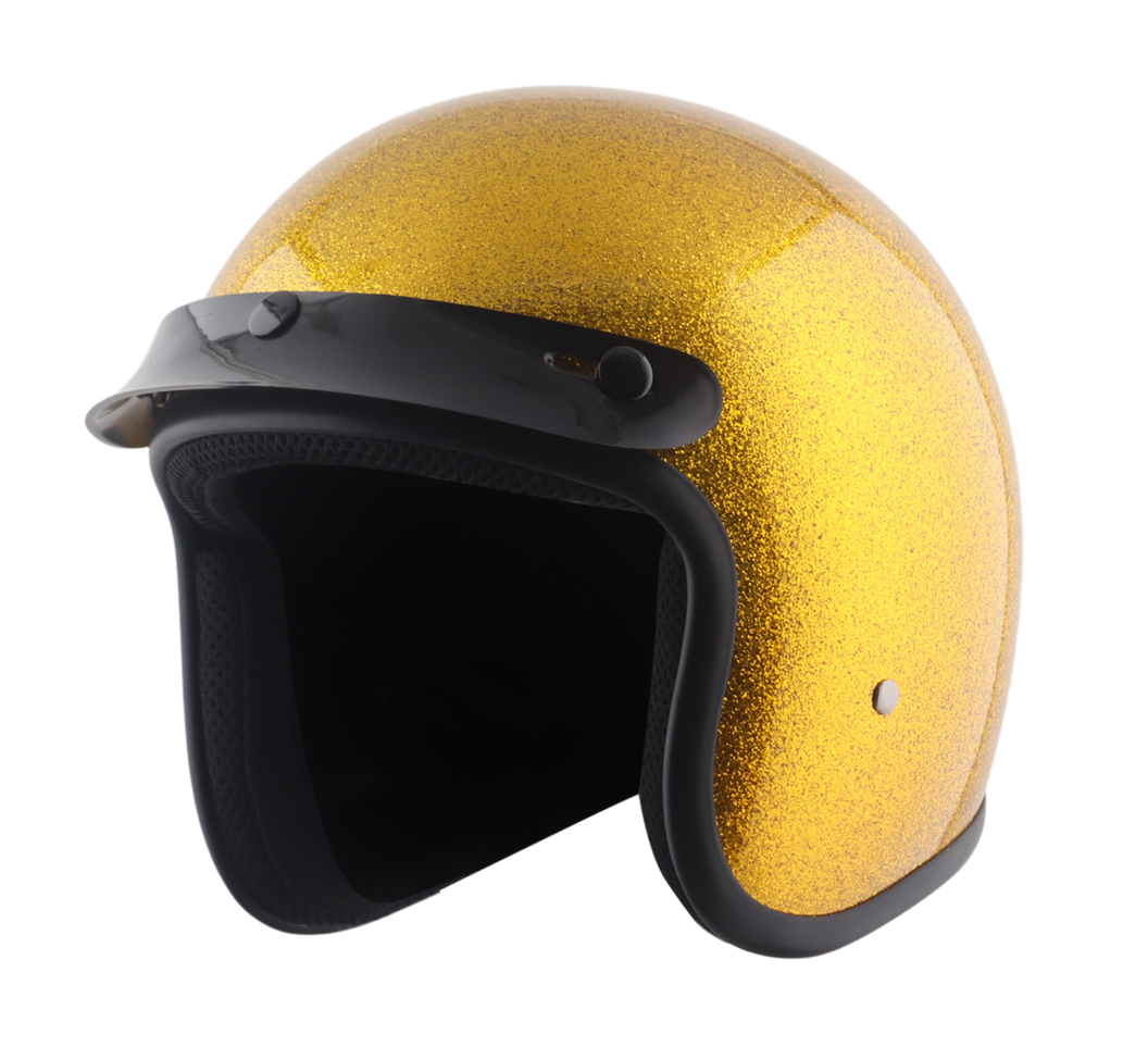 Classic Super Low Profile 3/4 Motorcycle Helmet with Gold Metal Flake - Lightweight DOT Approved for Cruiser & Chopper Riders