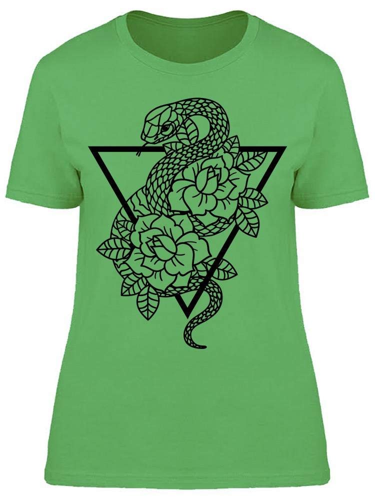 Rose and Snake Print Women's Triangle Frame Graphic Tee - Trendy Casual T-Shirt for Streetwear, Date Night & Summer Outfits
