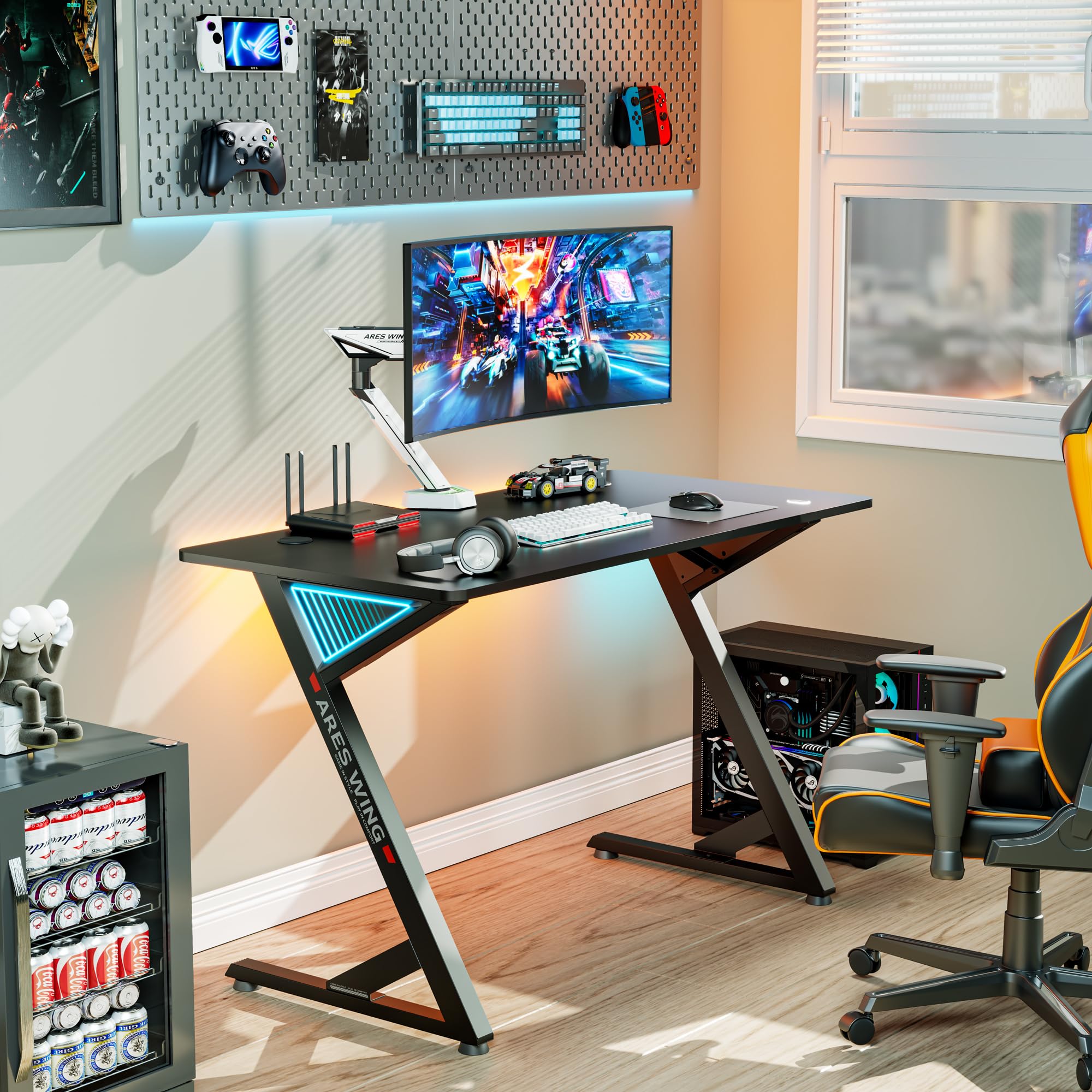 47 Inch ARES WING Gaming Desk with LED Lights & Cable Management - Ergonomic Carbon Fiber Computer Desk for Home Office & Gaming Room - Perfect for PC Setup, Streaming & Esports