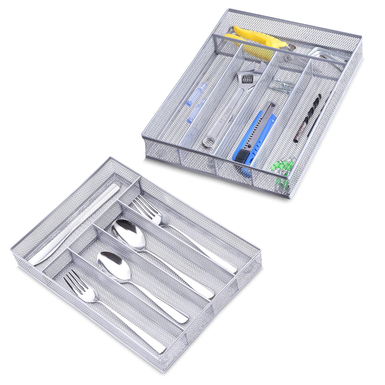 WuGeShop 5-Compartment Metal Mesh Desk Drawer Organizer Tray with Non-Slip Mats - Office, Bathroom & Kitchen Storage Solution - Silver | Perfect for Organizing Stationery, Makeup & Utensils