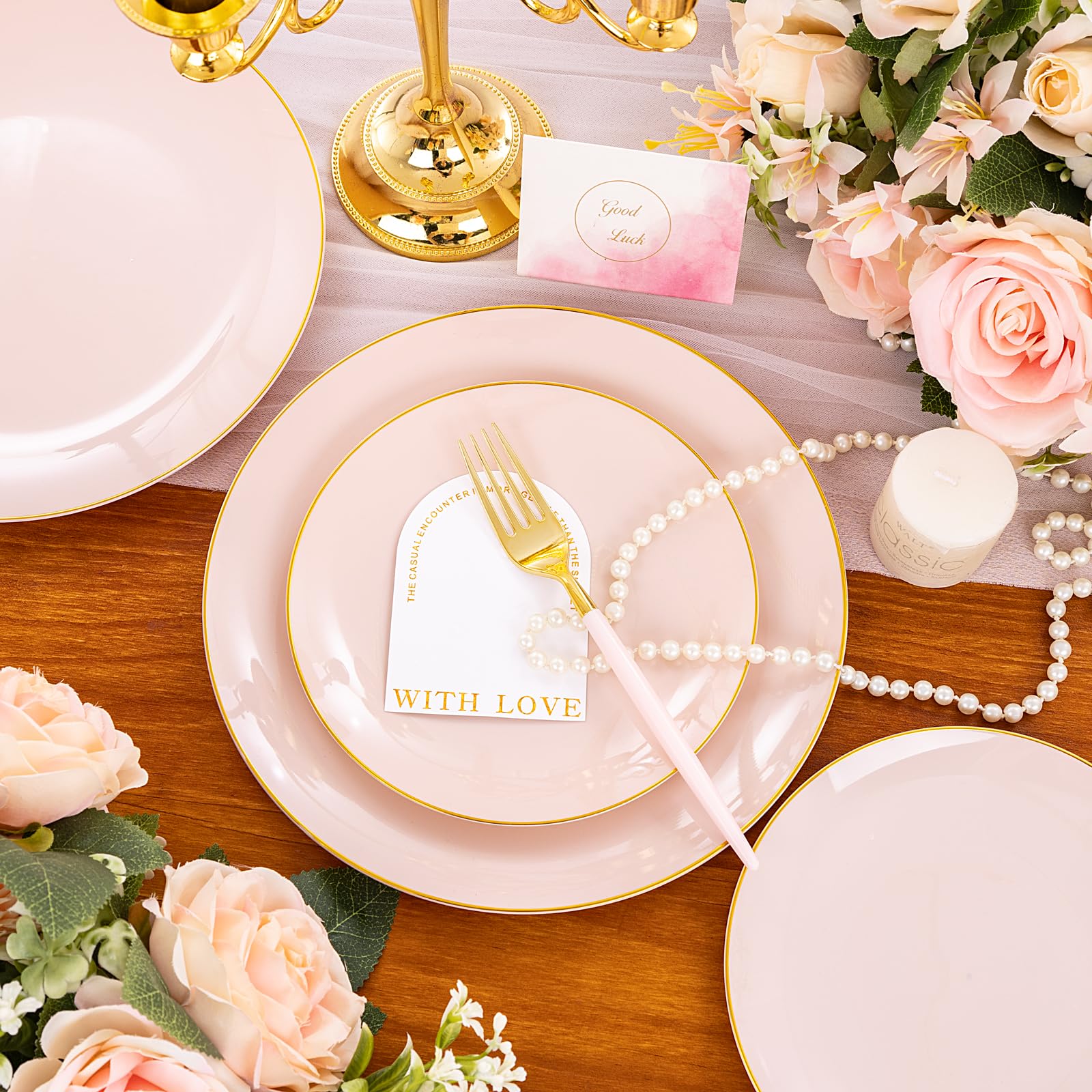 Liacere 150-Piece Pink Plastic Dinner Plates Set with Gold Silverware - Disposable Plates & Cutlery for 30 Guests, Perfect for Weddings, Easter, Mother's Day & Party Events - Elegant Tableware for Celebrations & Special Occasions