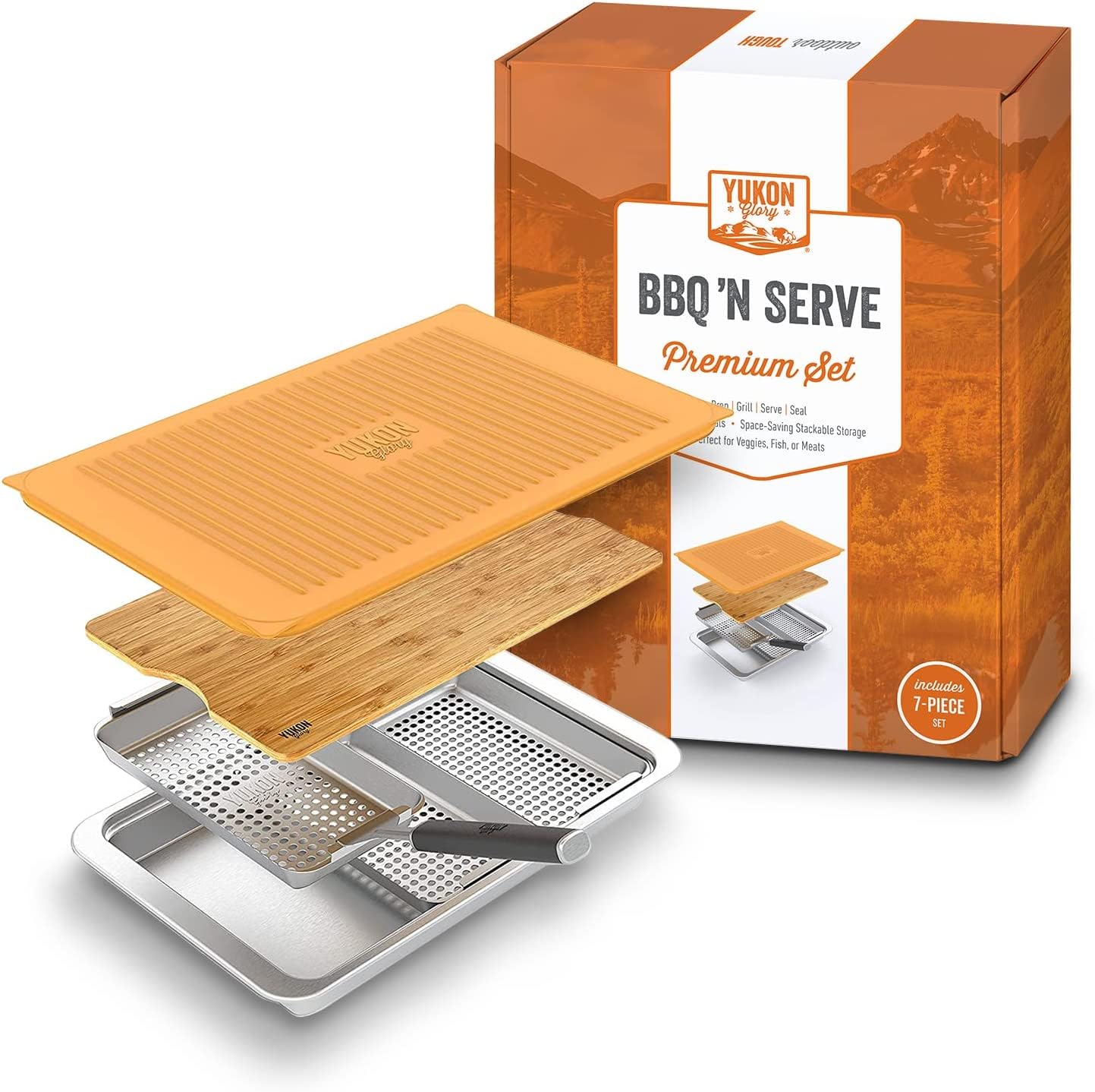 Yukon Glory™ Premium BBQ Grill Set - 3 Grill Baskets, Serving Tray, Bamboo Cutting Board with Plastic Lid & Clip-on Handle - Perfect for Outdoor Cooking, Camping, Backyard Parties & Picnics