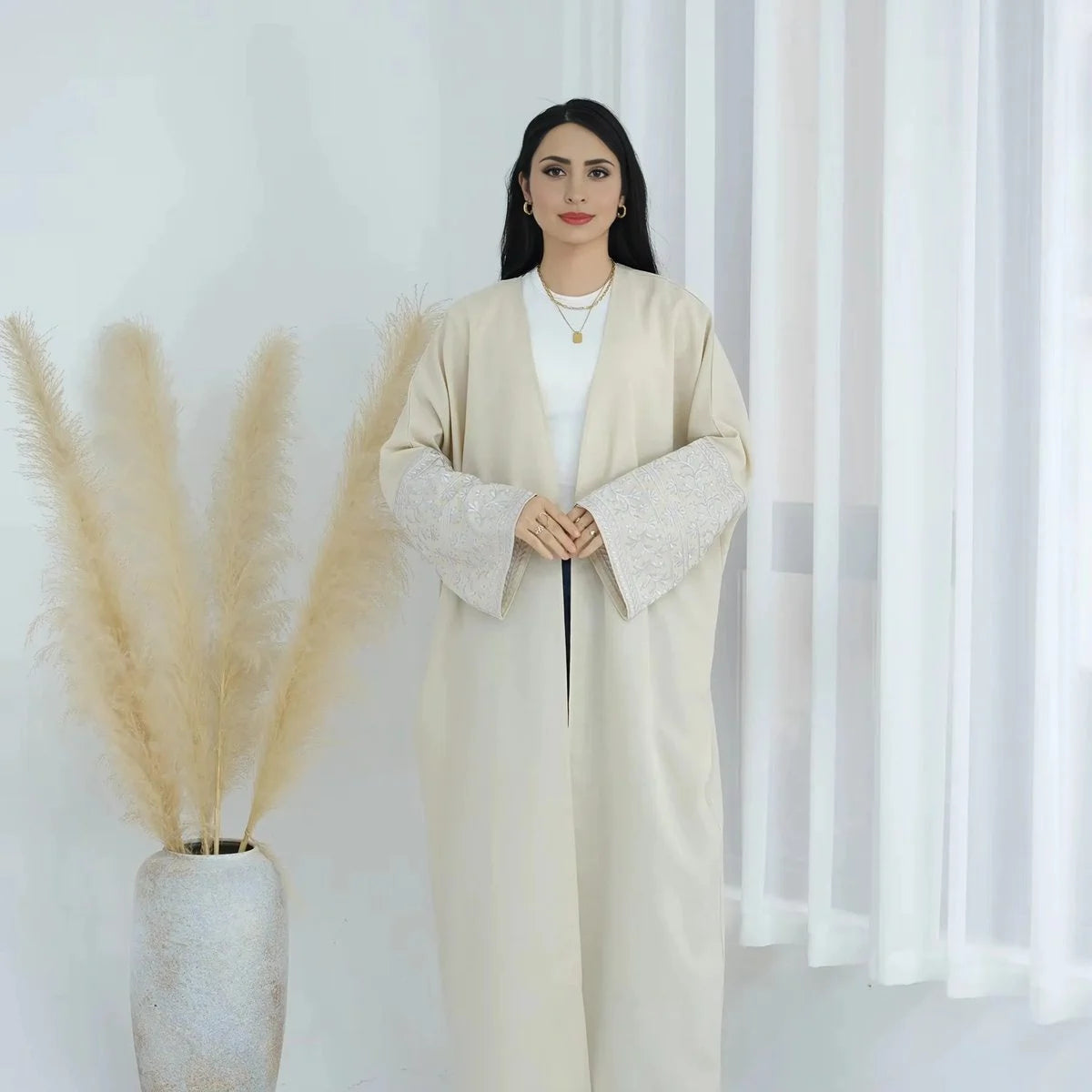 Muslim Women's Linen Blend Embroidery Sleeve Open Abaya Cardigan Dress - Perfect for Prayer, Modest Fashion & Everyday Wear