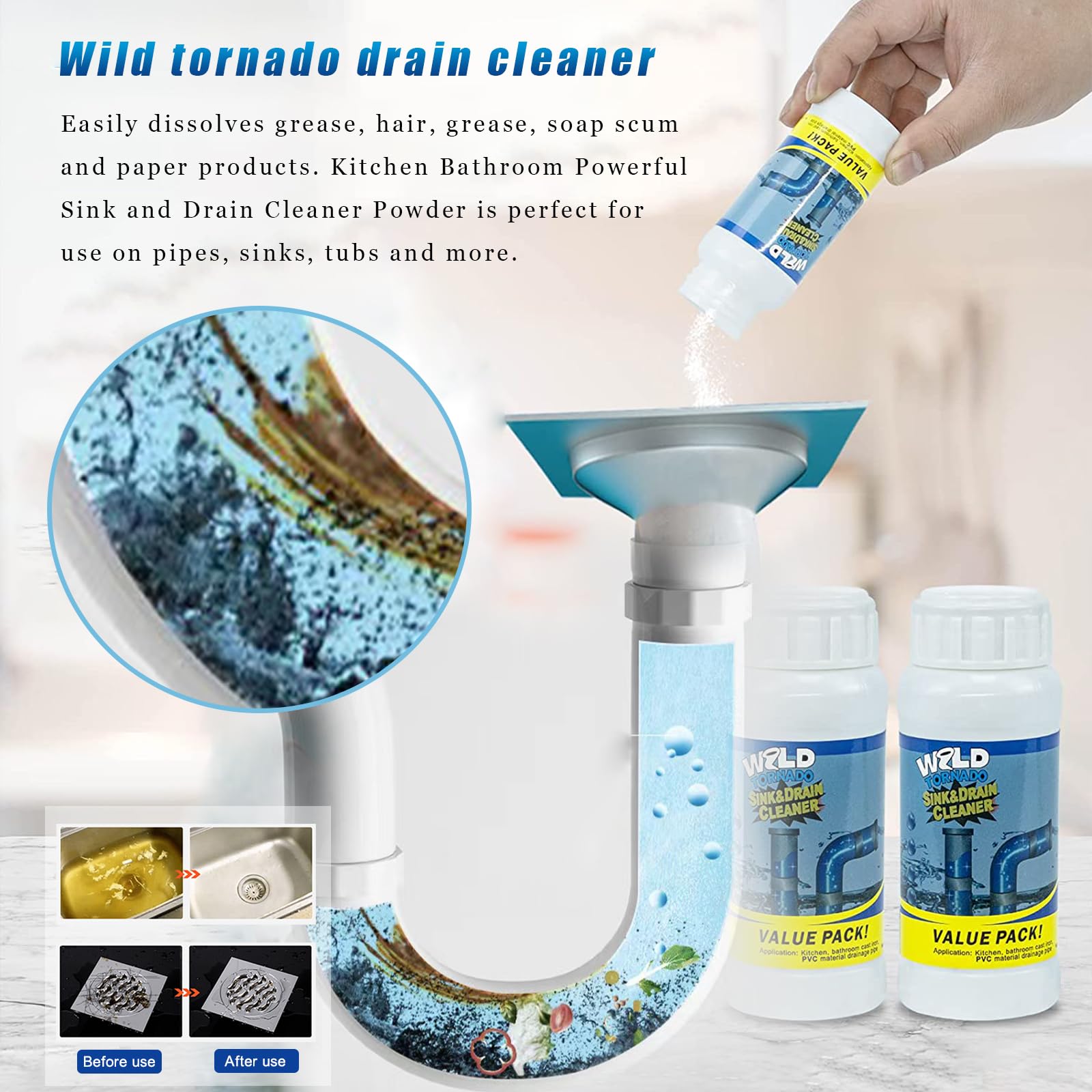 Wild Tornado Pipe Dredge - Powerful Sink & Drain Cleaner Powder | Fast-Foaming Clog Remover for Kitchen Sinks, Bathroom Drains & Pipes | Eliminates Odors & Prevents Future Clogs