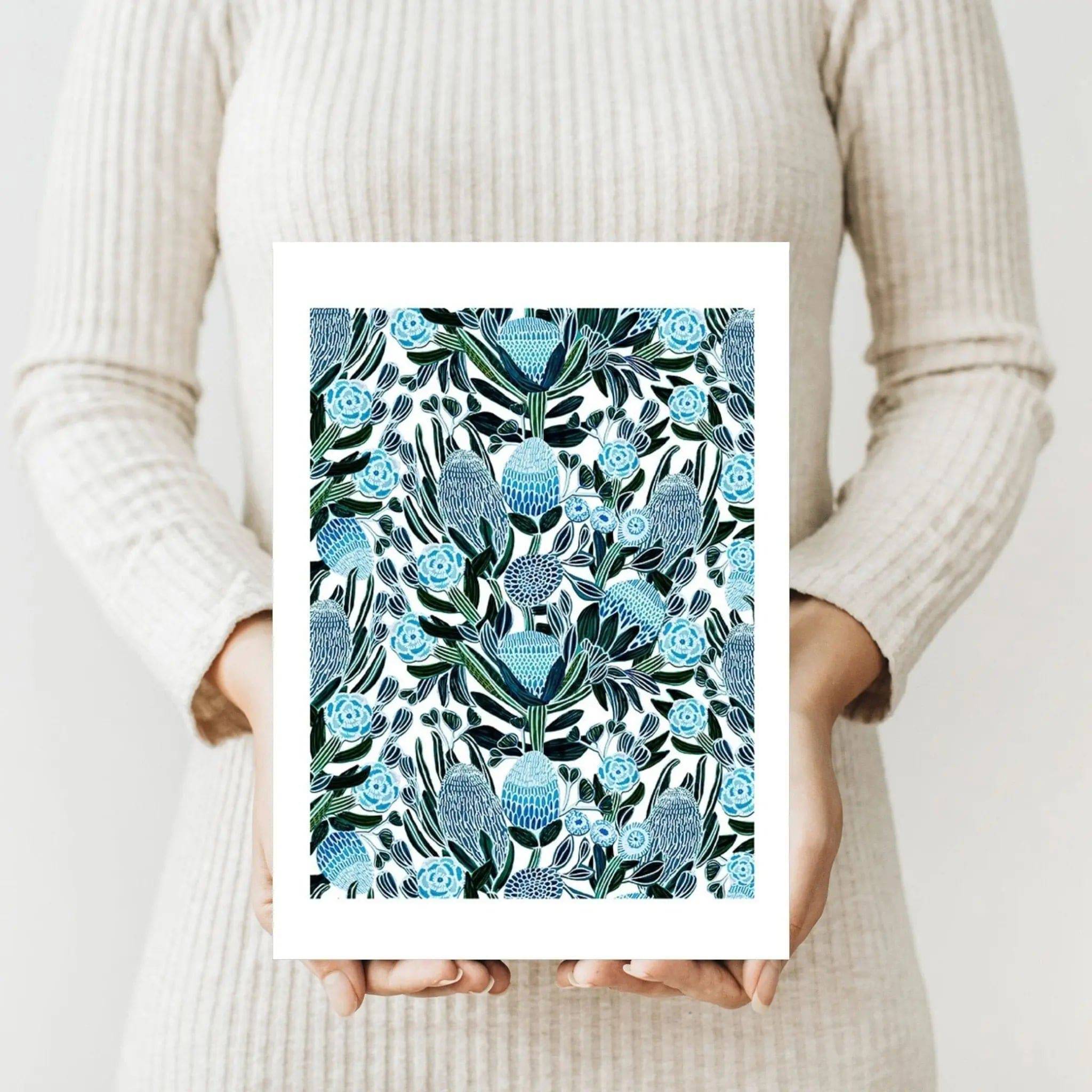 Blue Banksia Botanical Wall Art Print - Australian Floral Decor for Living Room, Bedroom & Office - Perfect for Home & Office Decor