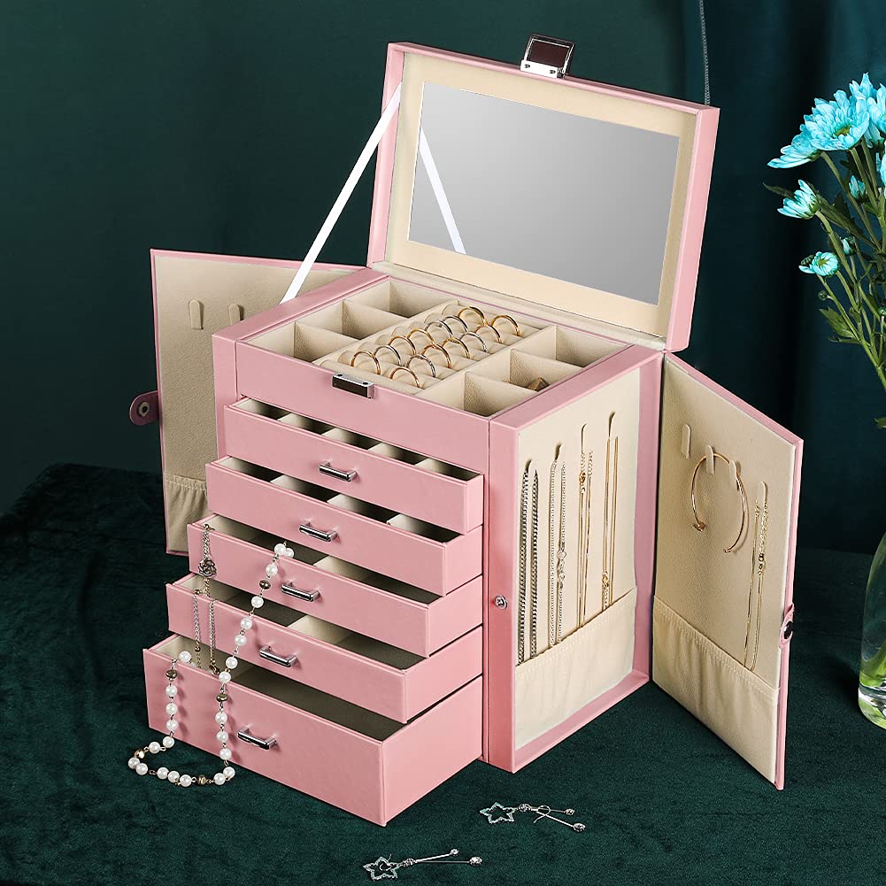 Frebeauty 6-Tier PU Leather Jewelry Organizer with Mirror & 5 Drawers - Pink for Necklaces, Bracelets & Watches Storage