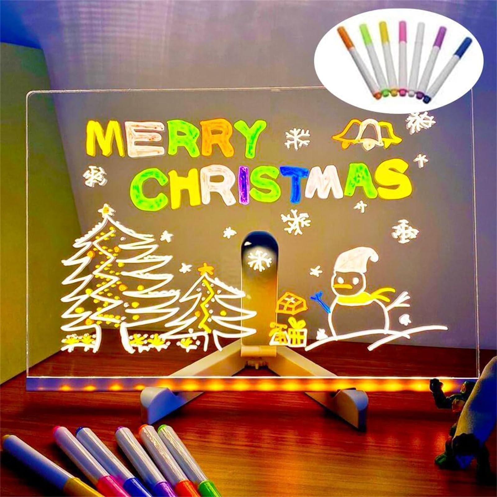 Cosmody LED Light-Up Writing & Drawing Board - 11.8x7.87 Inch Acrylic Message Dry Erase Board with Adjustable Stand, 7 Color Pens & Bright LED Display - Perfect for Kids' Art, Office Notes, Restaurant Menus & Home Decor