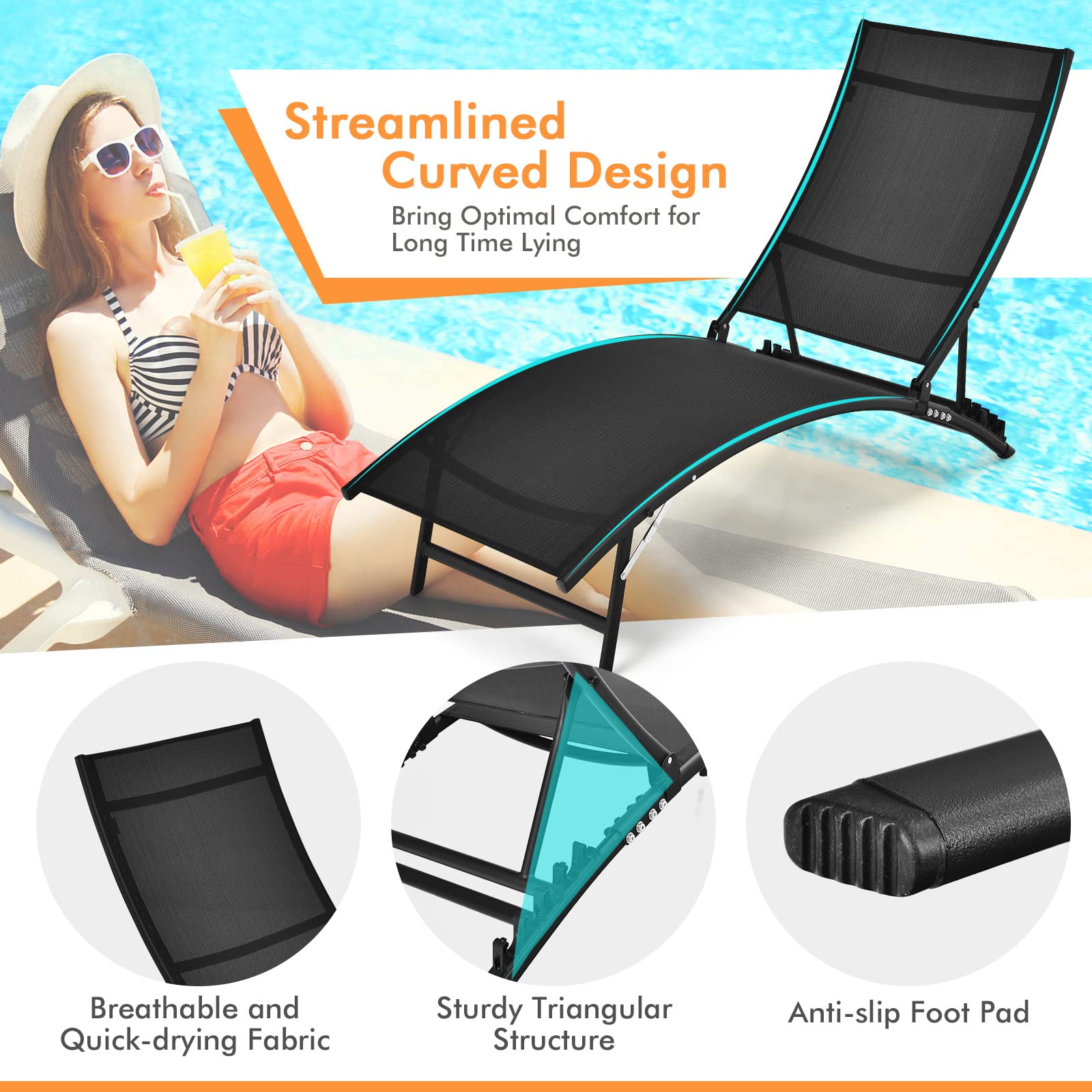 Giantex Outdoor Chaise Lounge Set of 2 - Foldable Pool Lounge Chairs with 5-Position Adjustable Backrest, Quick-Drying Fabric - Patio Lounger for Backyard, Beach, Lawn & Sunbathing - Perfect for Poolside Relaxation, Summer Vacation & Outdoor Lounging (Black)
