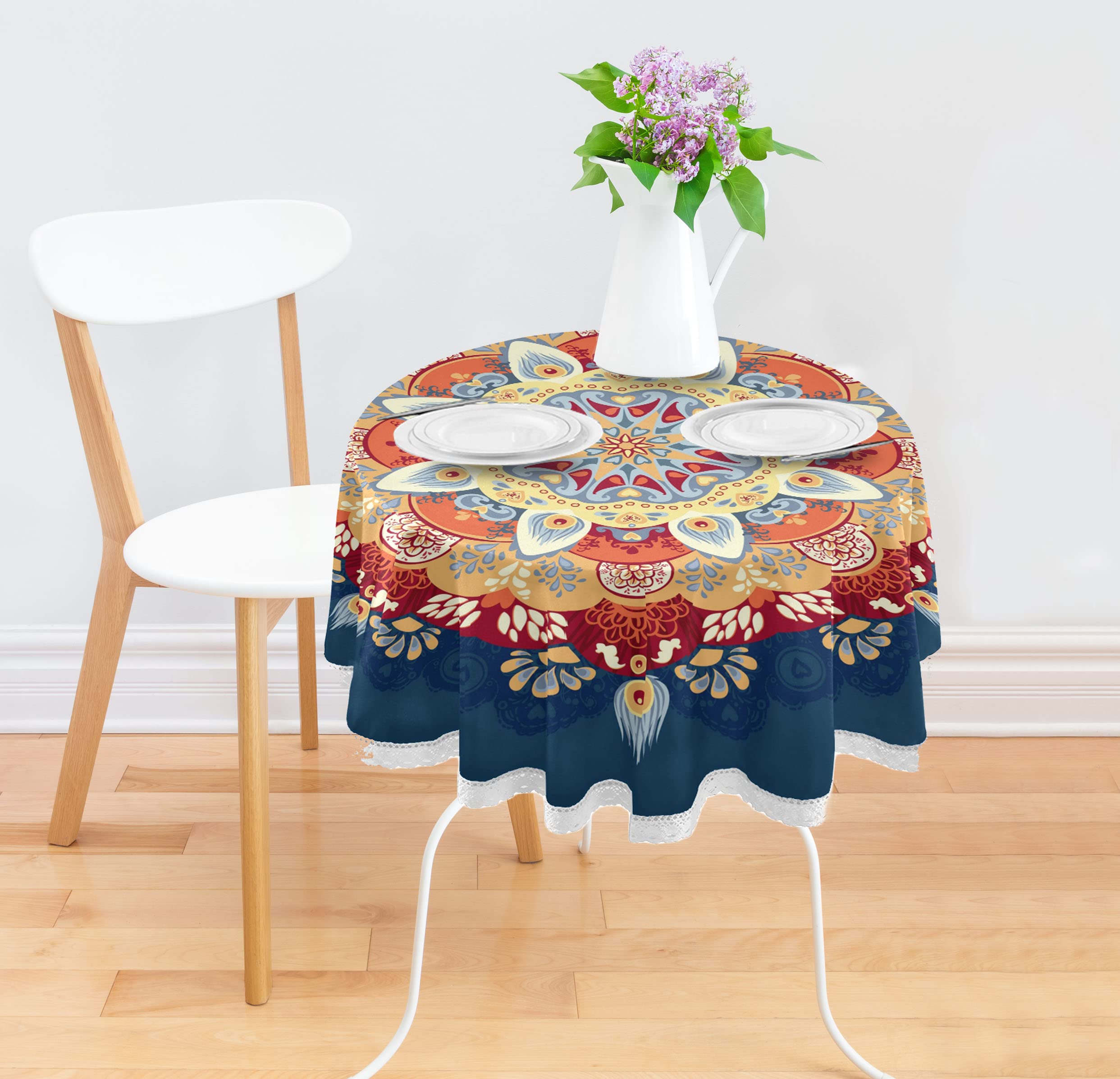 ALAZA Blue Boho Mandala Round Tablecloth 60 Inch - Waterproof Oilcloth Picnic Table Cover with Floral Lace Trim for Dining, Kitchen, Outdoor, Party & Wedding Decor