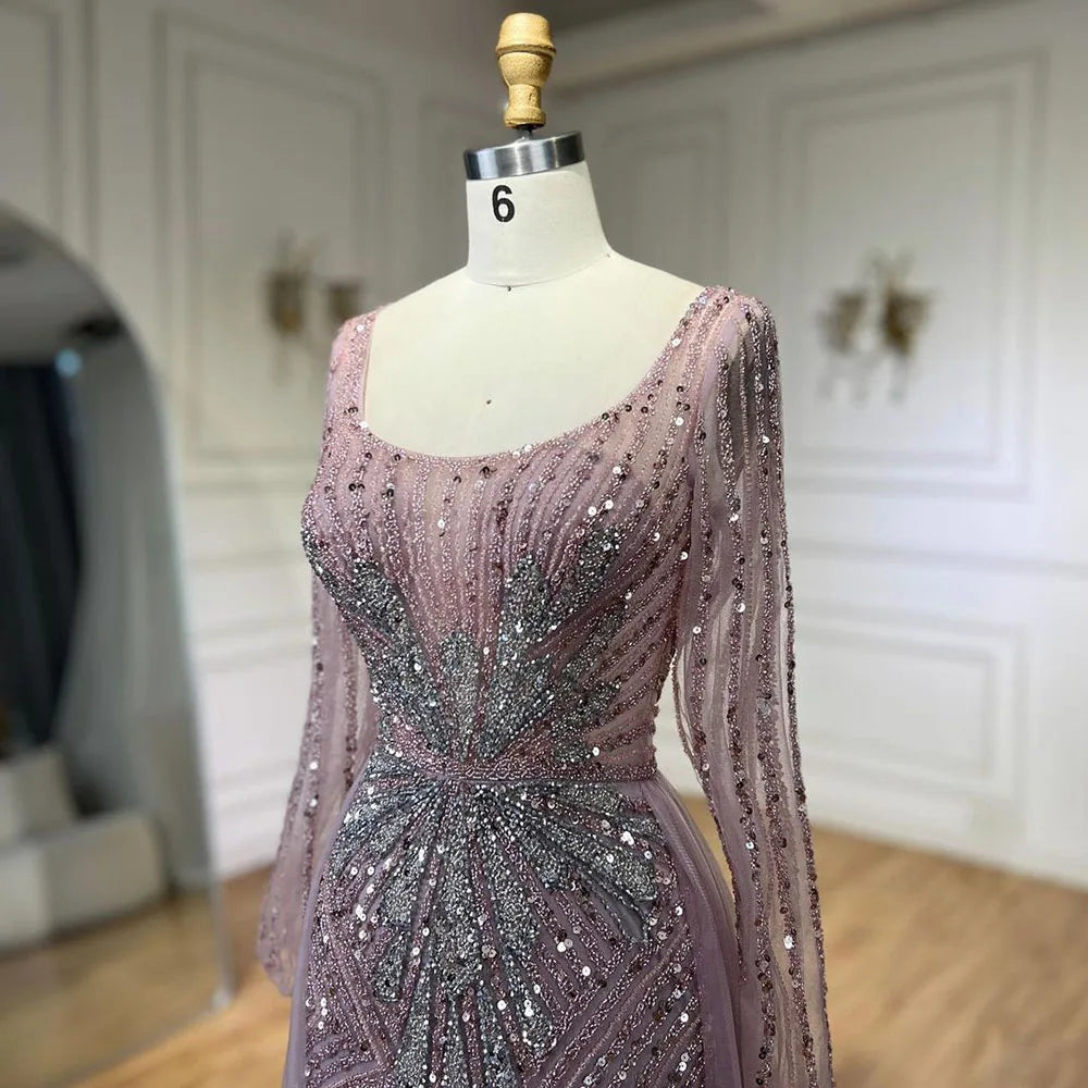 Elegant Pink Beaded Mermaid Evening Dress with Overskirt Split for Women - Luxury Wedding Party Gown 2025 | Perfect for Prom, Red Carpet & Formal Events - LA72431