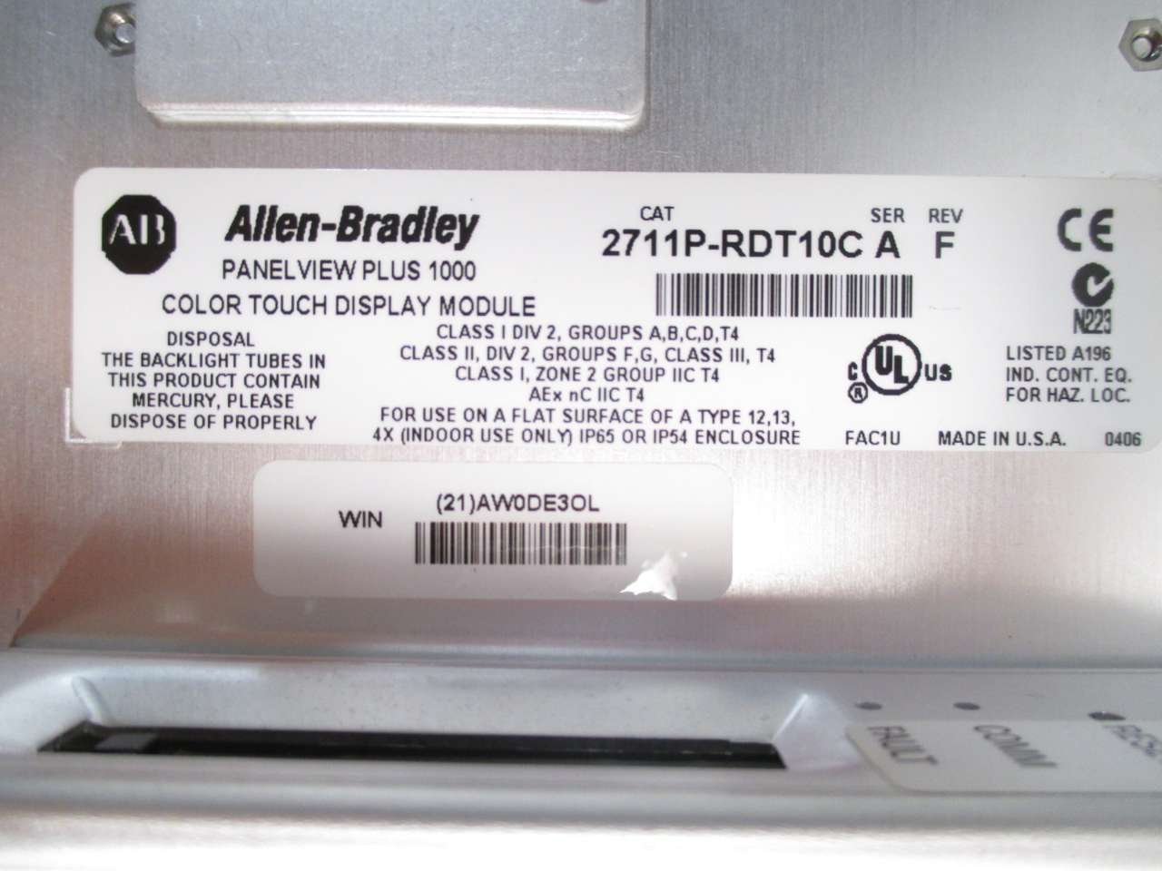 Allen Bradley 2711P-RP1 PanelView Plus Series G 24V DC Logic Module B491348 - Industrial HMI Touchscreen for Automation Control Systems