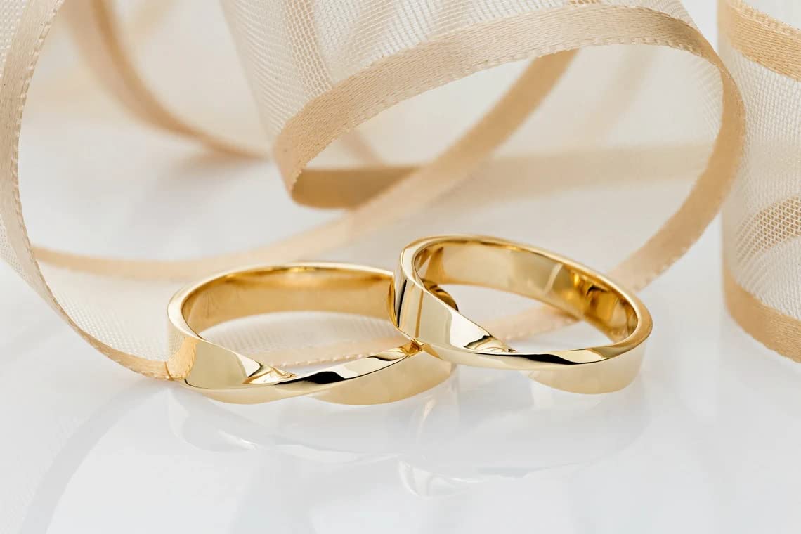His & Her 4mm Wide Mobius Wedding Band Rings Set - 14K Yellow Gold Plated & 925 Sterling Silver - Handmade Twisted Matching Anniversary Rings - Stackable Bridal Jewelry - Perfect Gift for Couples (Wedding, Anniversary, Engagement, Valentine's Day Gift)