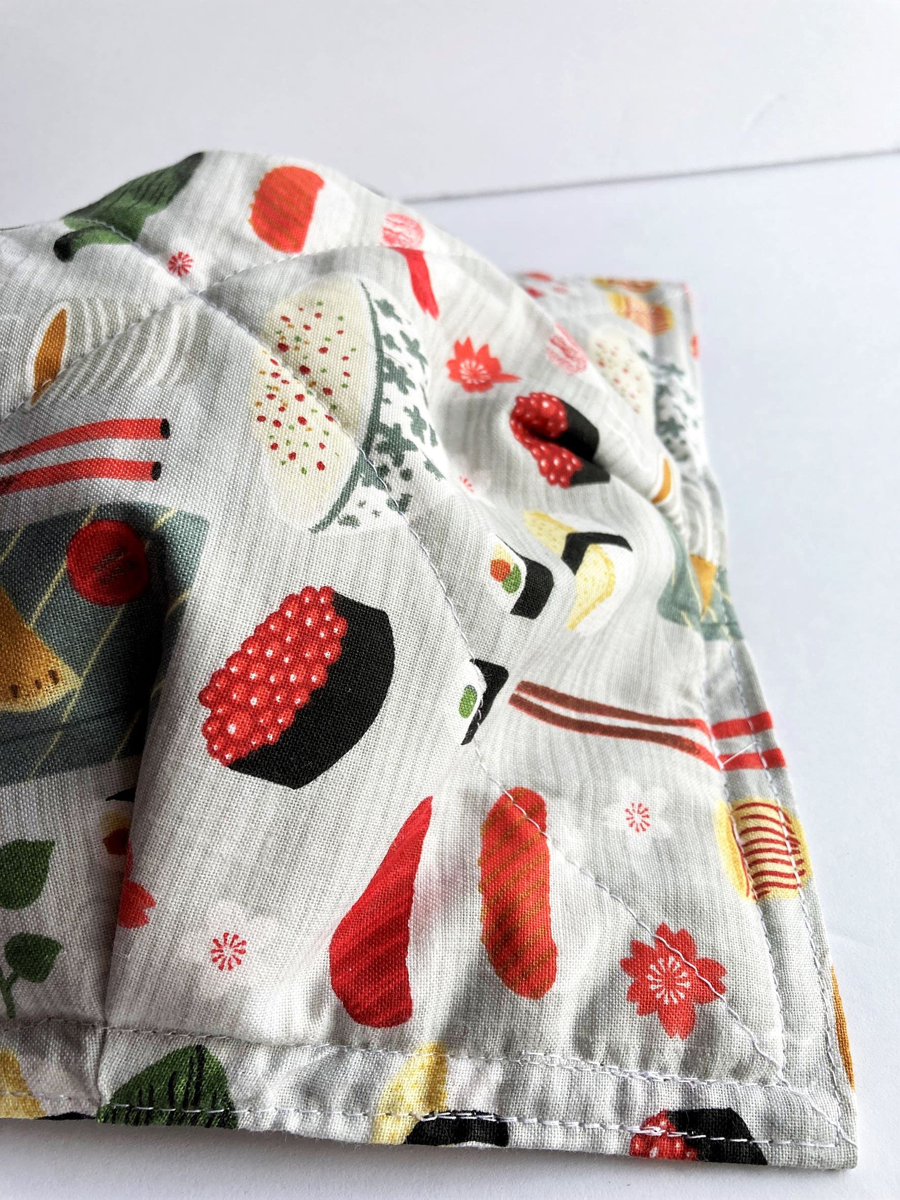 Sushi Cotton Print Bowl Cozies - Set of 2 Microwave Safe Hot Pads & Oven Mitts for Bowls (8.5 Inches) - Grey White Red Black Novelty Design - Perfect for Hot Soup, Rice Bowls & Microwave Meals