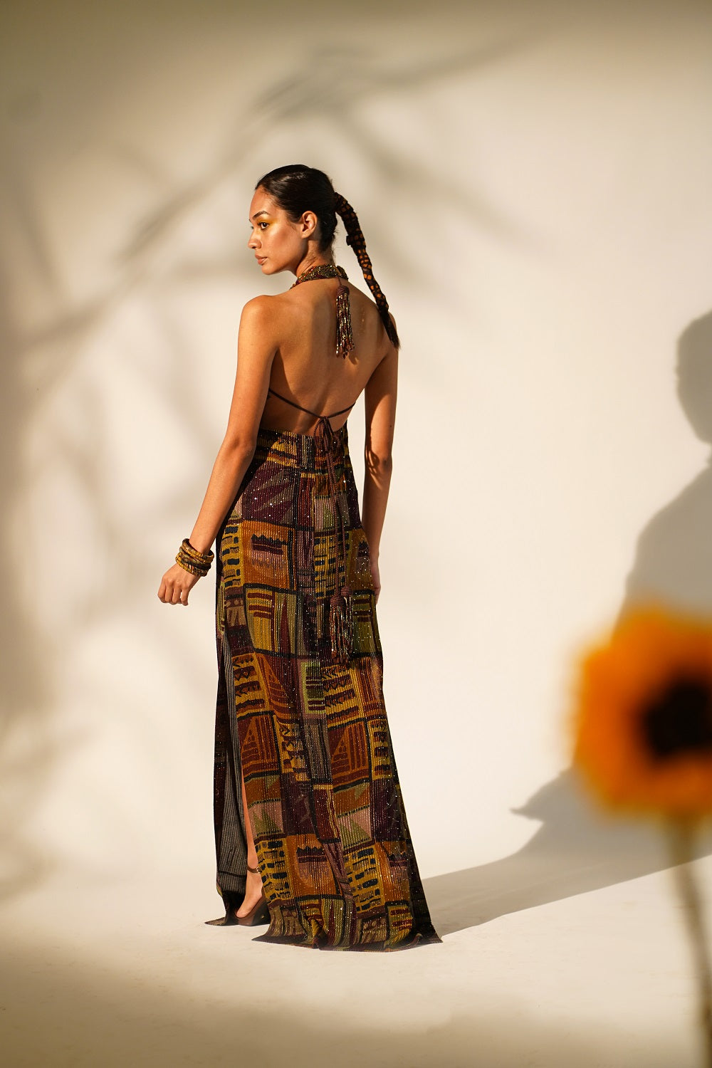 Stylish Multicolor Abstract Print Halter Neck Dress with Baroque Metallic Embellishments - Perfect for Cocktail Parties, Date Nights & Summer Vacations