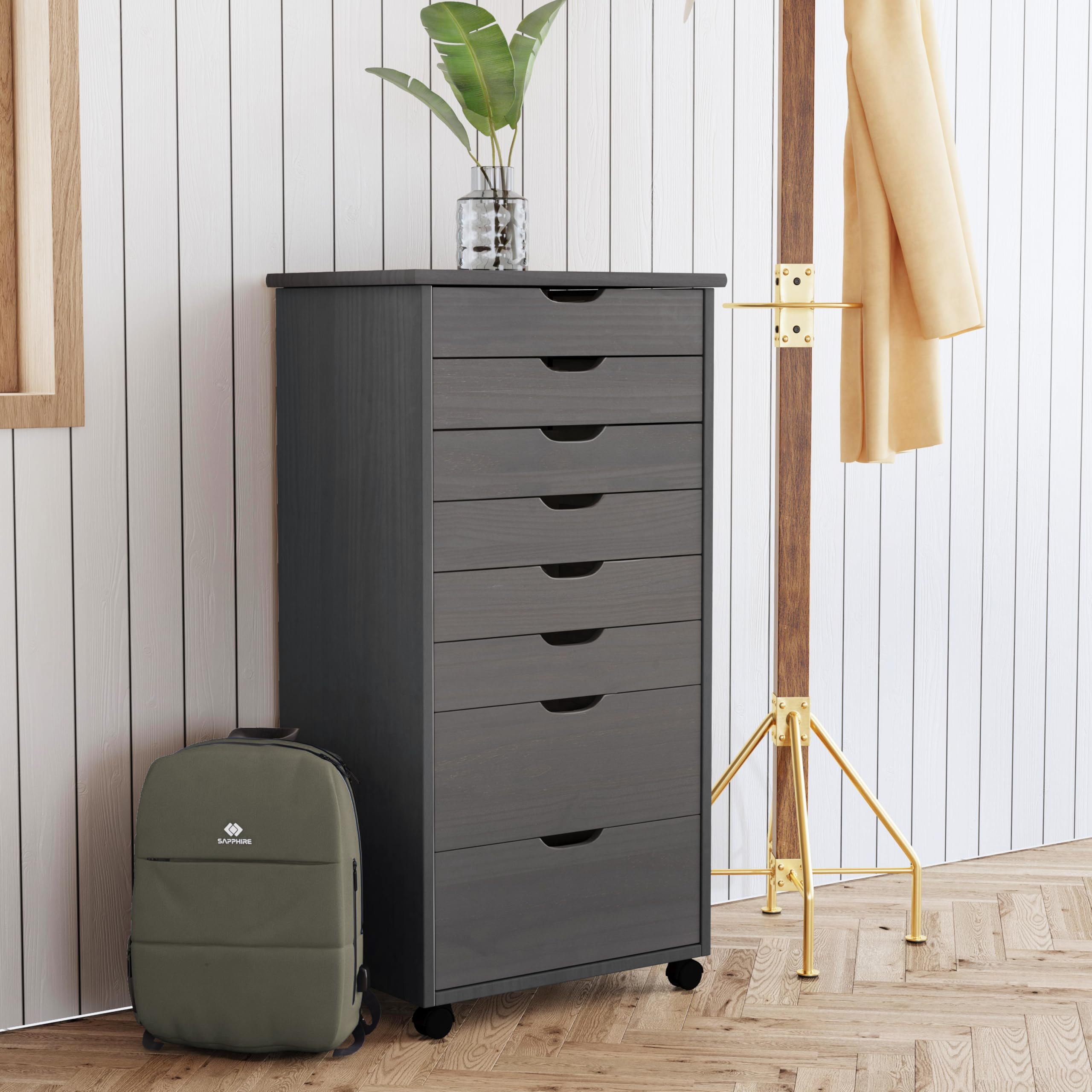 Linon Corinne 8-Drawer Rolling Storage Cart - Grey Organizer for Home, Office & Dorm | Space-Saving Mobile Cabinet for Bedroom, Bathroom & Kitchen Organization