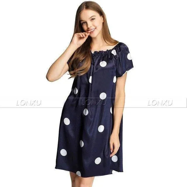 Elegant Women's Polka Dot Silk Nightgown - Soft & Comfortable Sleepwear for Relaxing at Home or Romantic Evenings