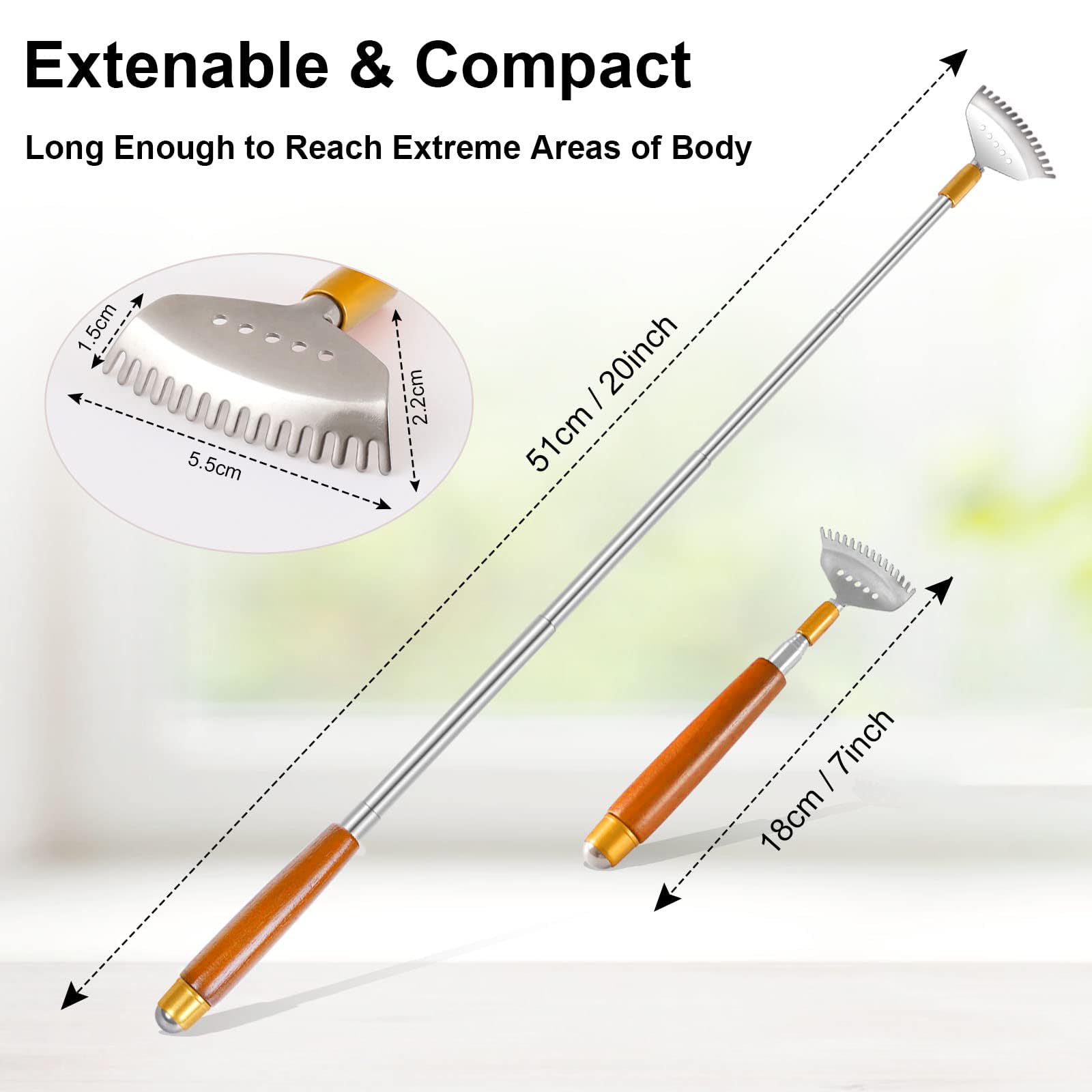 Telescopic Back Scratcher with Steel Roller Ball - Extendable Metal Scratcher with Wooden Handle, Wide Claw Design for Back, Scalp & Body Relief - Portable Massage Tool for Home, Office & Travel Use