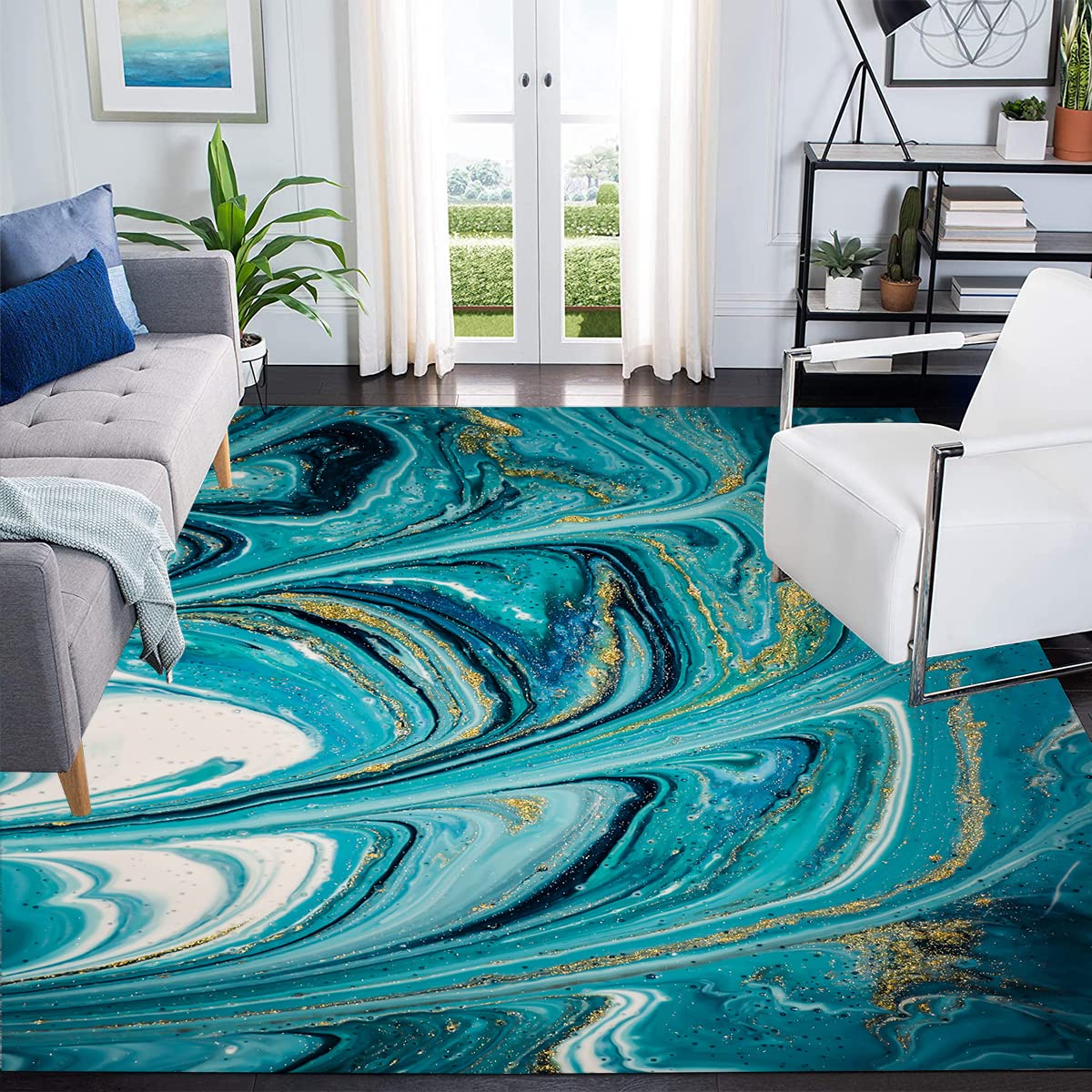 Turquoise Gold Ocean Waves Pattern 5x8 Area Rug - Modern Abstract Washable Soft Carpet for Living Room, Bedroom, Dining Table, Home Office, Kitchen & Laundry Runner | Coastal Decor, Boho Chic Style, High-Traffic Floor Mat