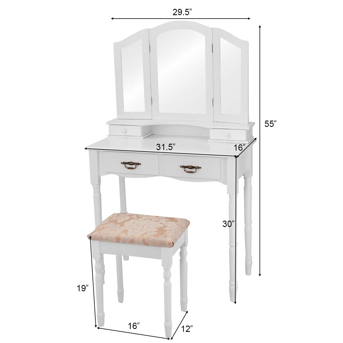 ReunionG Multifunctional Vanity Set with Stool & Trifold Mirror - White Makeup Dressing Table with Drawers, Writing Desk for Bedroom, Home Decor & Beauty Organization - Perfect for Small Spaces & Daily Makeup Routine
