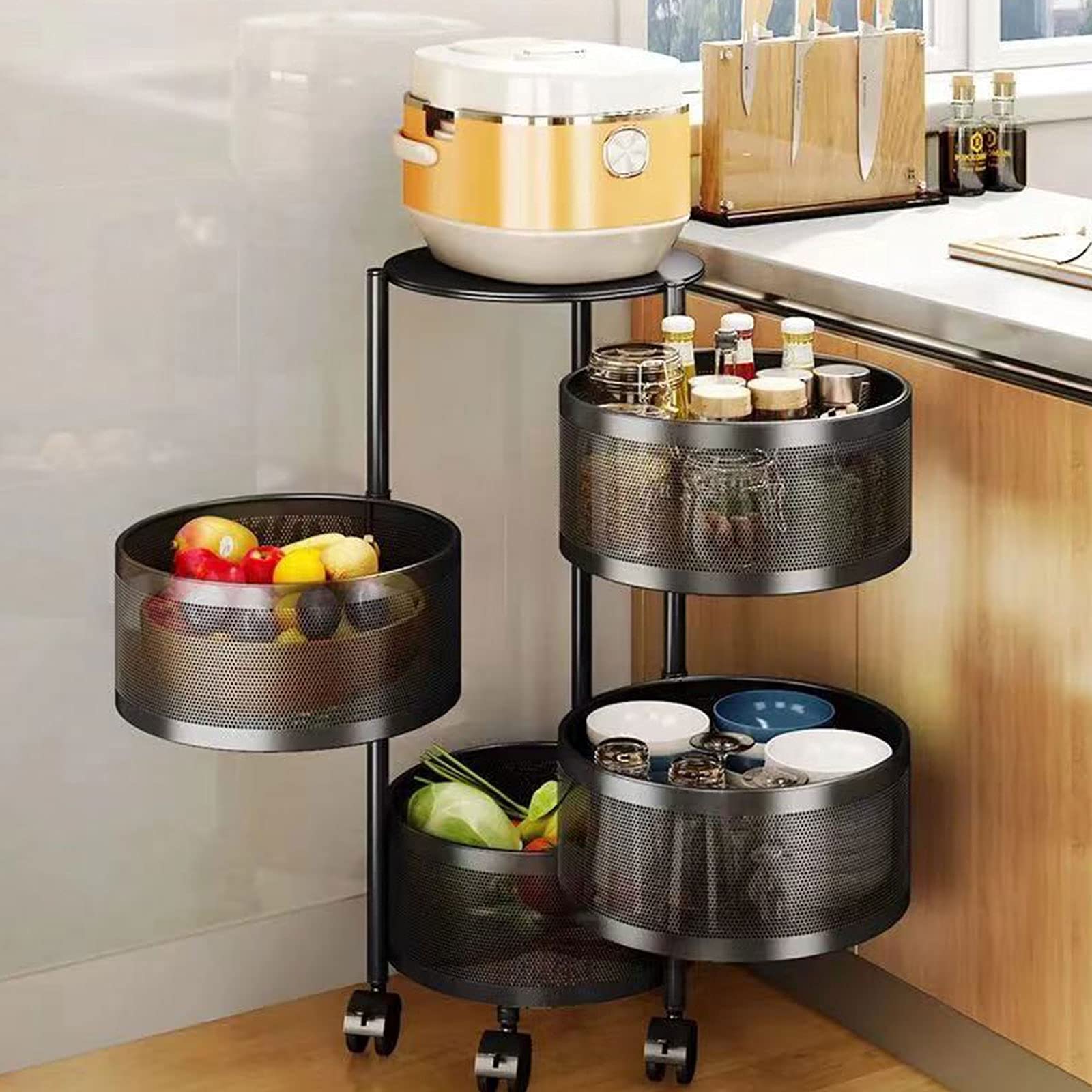 4-Tier Rotating Kitchen Storage Rack with Wheels - Space Saving Organizer for Fruits, Vegetables, Spices & Pantry Items - Sturdy Floor-Standing Vertical Shelving Unit for Kitchen, Living Room & Office Organization