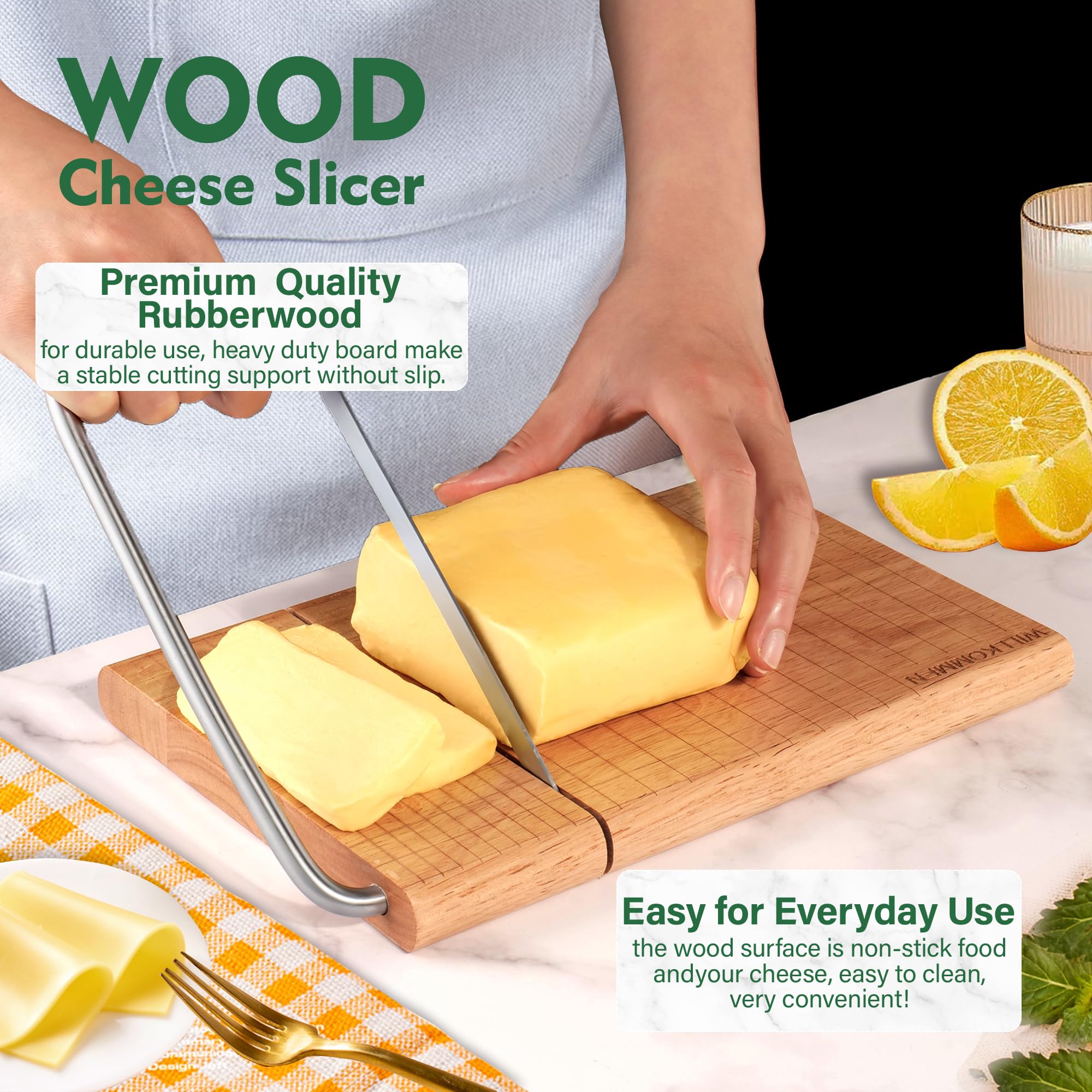 Premium Wooden Cheese Slicer & Cutting Board with Stainless Steel Blade - 10.8