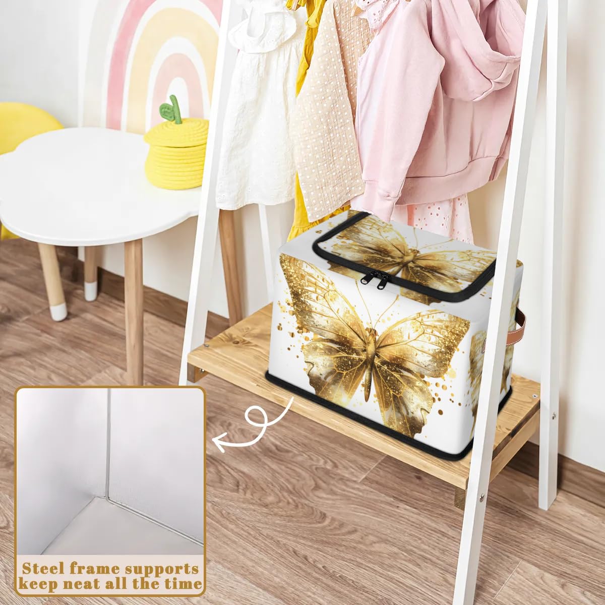 Gold Butterfly Storage Boxes with Sturdy Handles & Zipper Lid - 2 Pack Organizer Bins for Clothing, Toys, and Home Organization | Perfect for Bedroom, Closet, and Kids Room Storage