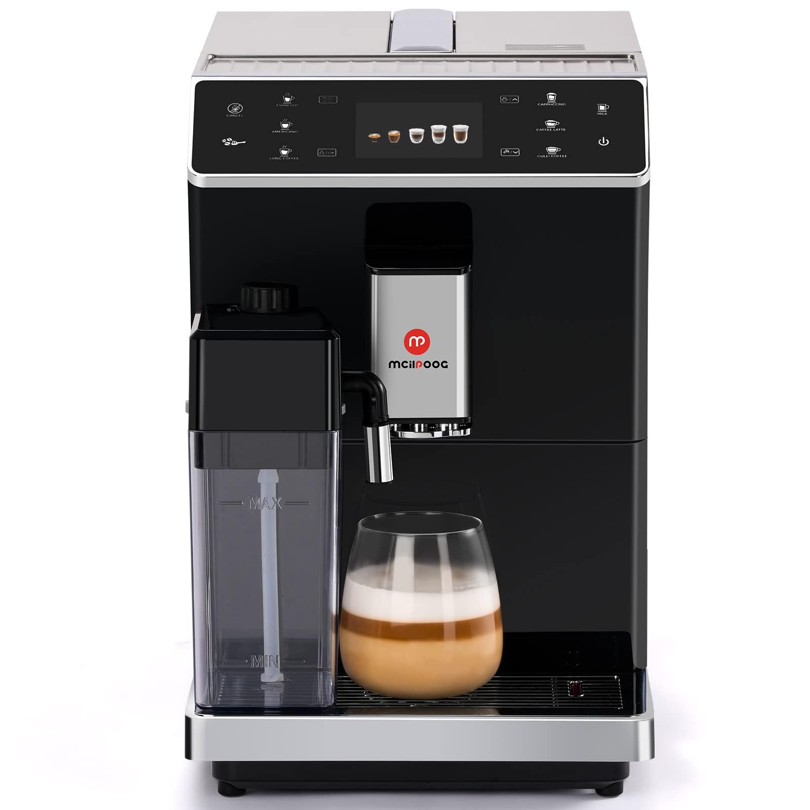 Mcilpoog Super Automatic Espresso Coffee Machine with Built-in Grinder & Milk Frother - Touch Screen Easy Operation for Home & Office Use (WS-202) | Perfect for Espresso, Latte & Cappuccino Lovers