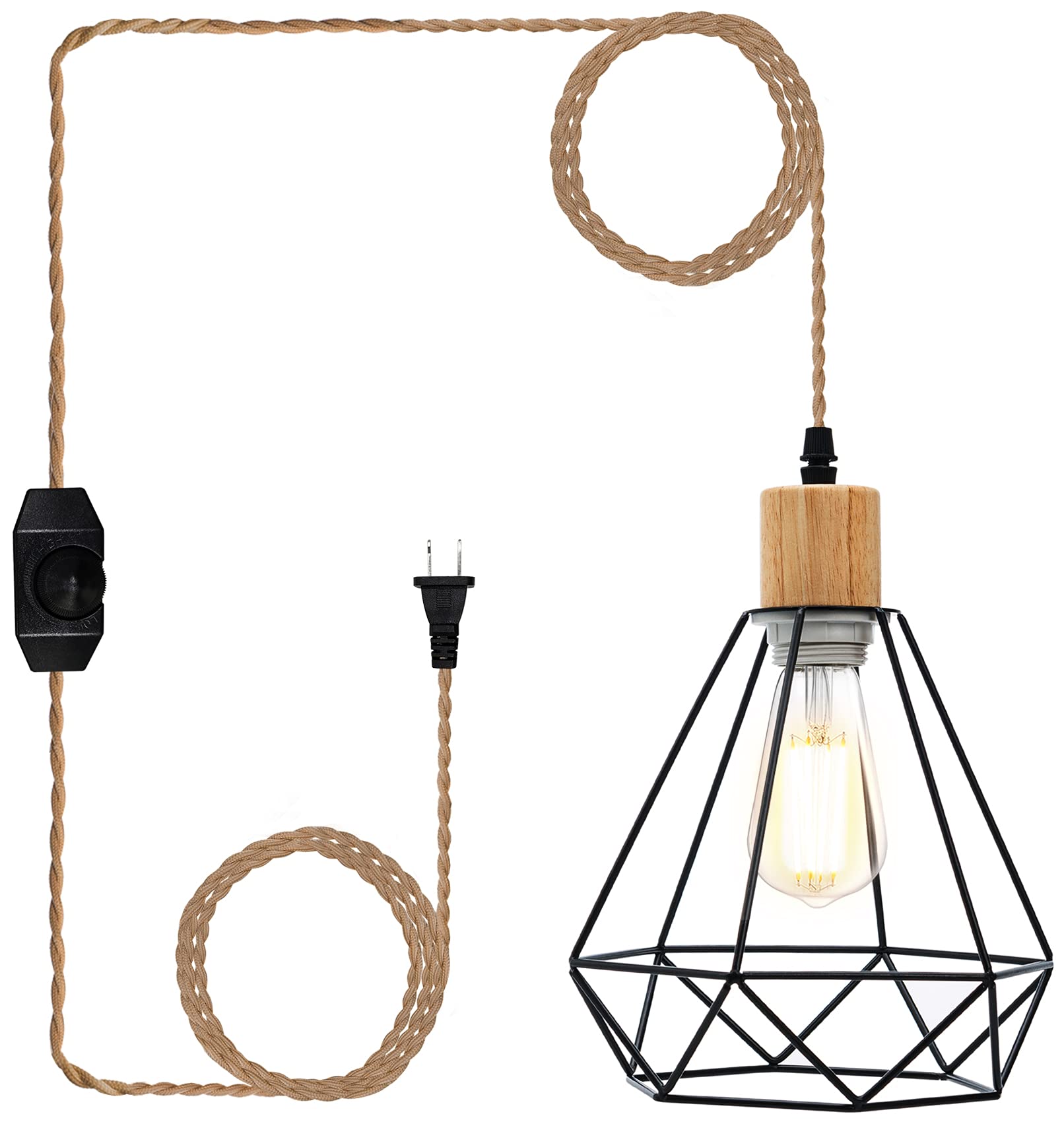 Dimmable Plug-in Pendant Light with 16.4FT Black Cage Cord - Industrial Farmhouse Hanging Light with E26 Socket for Kitchen, Living Room & Dining Room | Perfect for Modern Lofts, Coffee Shops & Home Decor