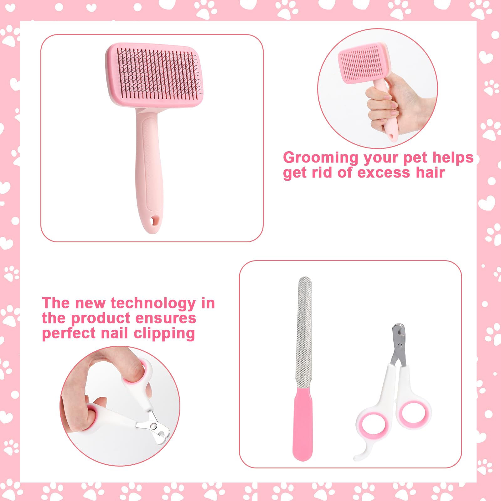 VCZONE 8 Pcs Dog Grooming Kit with Self Cleaning Tools - Professional Nail Clippers, Flea Comb, Shampoo Brush, Shedding Brush, Dematting Comb & Silicone Toothbrush for Small to Large Dogs (Pink) - Perfect for Home Pet Care, Bathing, and Coat Maintenance