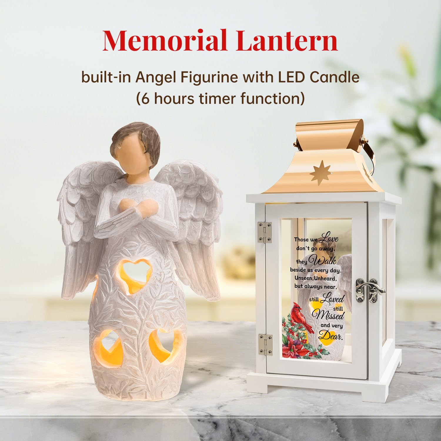 Memorial Lantern for Loved Ones - Bereavement Angel & Cardinal Sympathy Gift for Loss of Father, Mother or Family - Funeral Remembrance Candle Holder for Home Memorials, Graveside Tributes & Healing Ceremonies