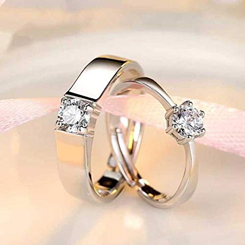 MEENAZ Couple Rings Set for Women & Men - CZ Solitaire Engagement Rings, American Diamond Heart Love Bands, Adjustable Valentine's Day Gift for Girlfriend/Boyfriend (Silver, Platinum Finish) - Perfect for Proposals, Anniversaries & Romantic Occasions