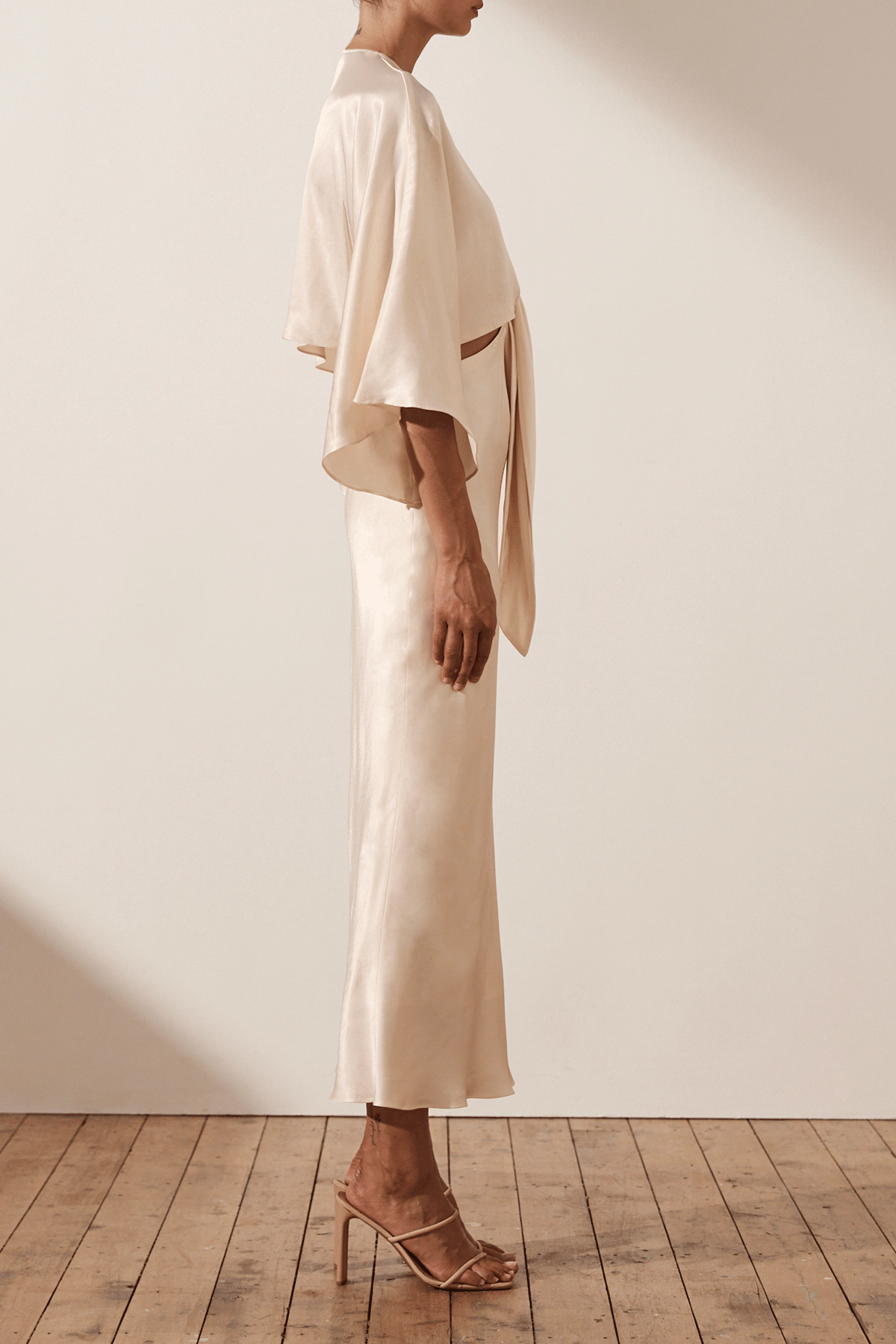 LA LUNE Tie Front Bias Cut Midi Dress in Cream - Elegant Summer Wedding Guest Dress & Casual Brunch Outfit