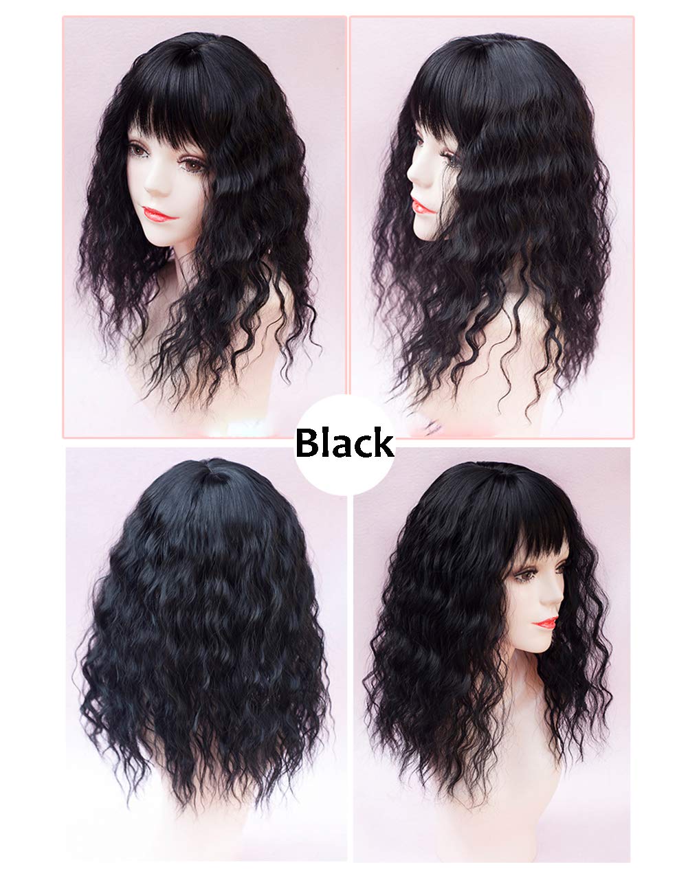 Clip-In Water Wavy Hair Forehead Piece with Choppy Fringe | 45cm Middle Part Topper | Black | Perfect for Cosplay, Costume Parties & Daily Hair Volume Enhancement