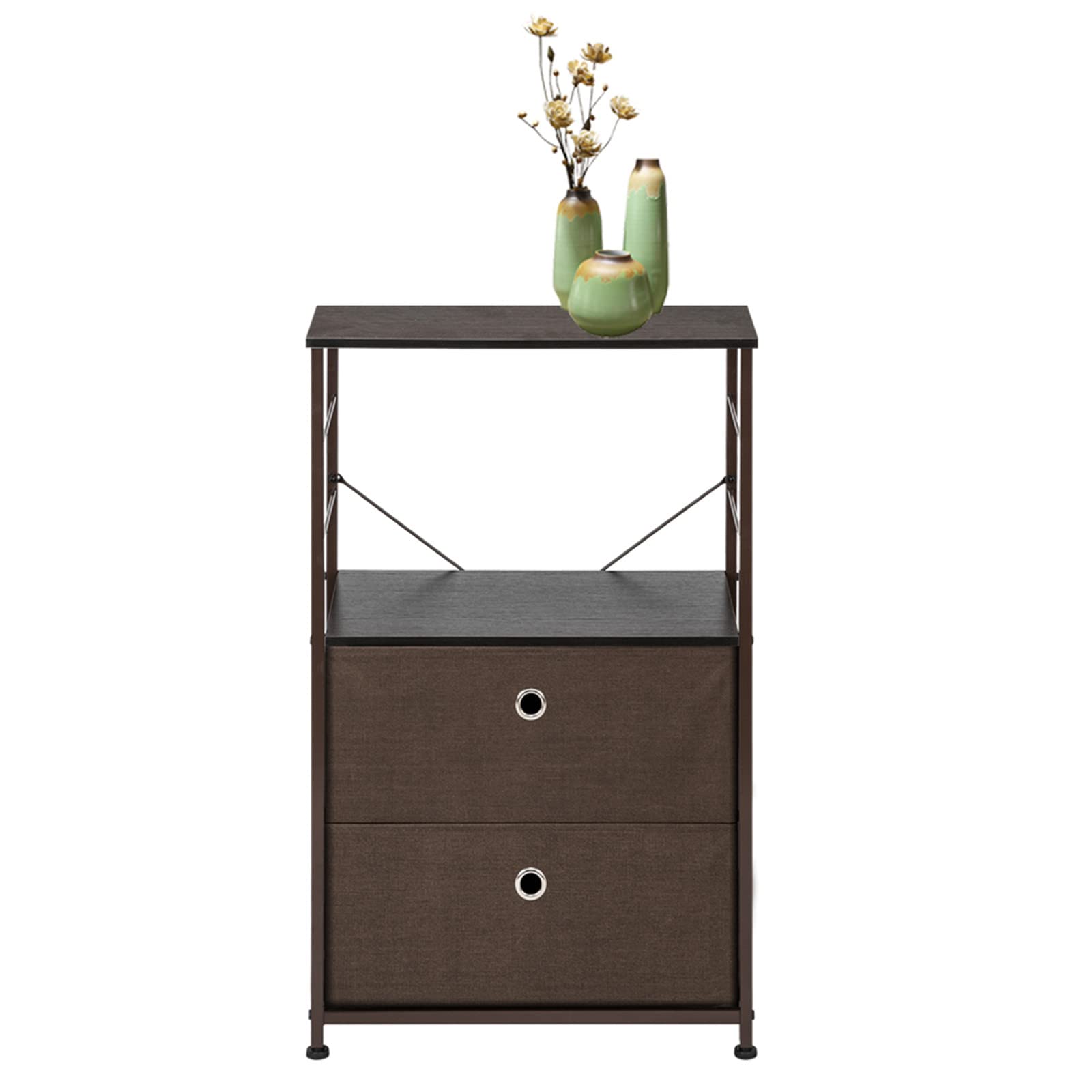 2-Drawer Nightstand with Wood Top & Steel Frame - Modern Bedside Table with Fabric Bins for Bedroom, Office, Dorm | Compact Storage Solution for Small Spaces, Reading Nook & Apartment Living