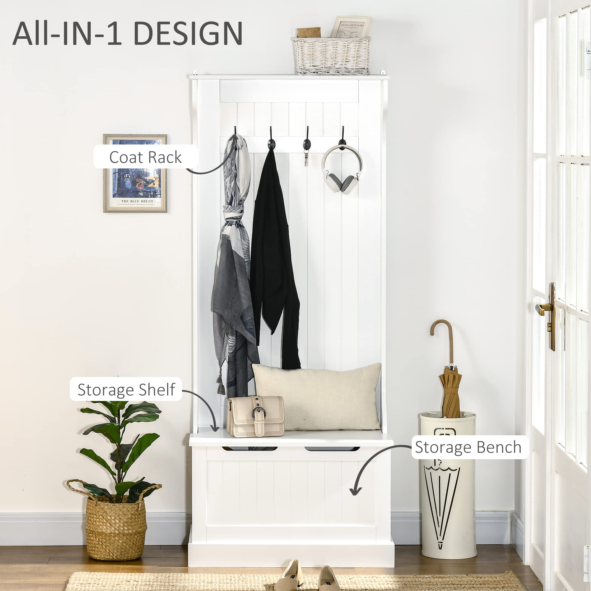 HOMCOM 3-in-1 Entryway Hall Tree with Shoe Storage Bench, Coat Rack & 4 Hooks - White | Space-Saving Organizer for Small Entryways, Mudrooms & Apartments