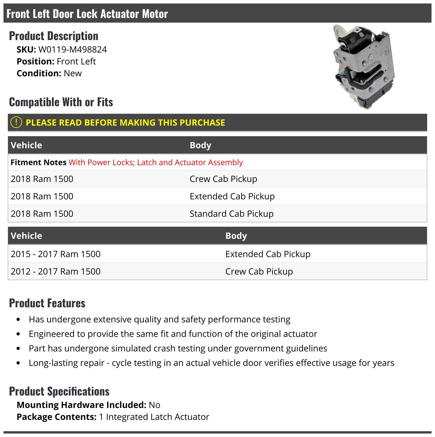 Front Left Driver Side Door Lock Actuator Motor Replacement for 2012-2018 Ram 1500 - OEM Compatible Power Door Lock Repair Part - Perfect for Truck Door Lock Issues & DIY Auto Maintenance