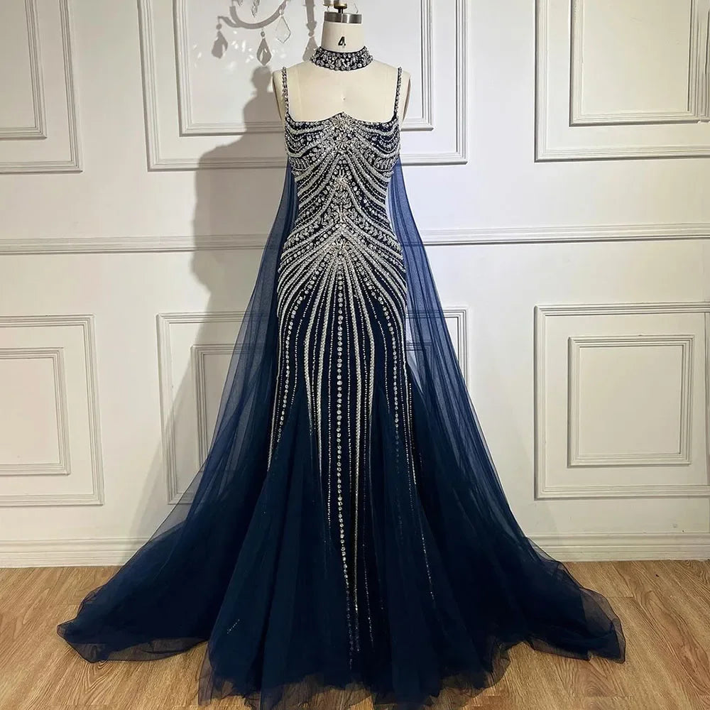 Elegant Blue Spaghetti Strap Mermaid Evening Gown with Beaded Lace-up Detail - Luxury Wedding & Party Dress for Women - Perfect for Formal Events, Prom Nights & Special Occasions
