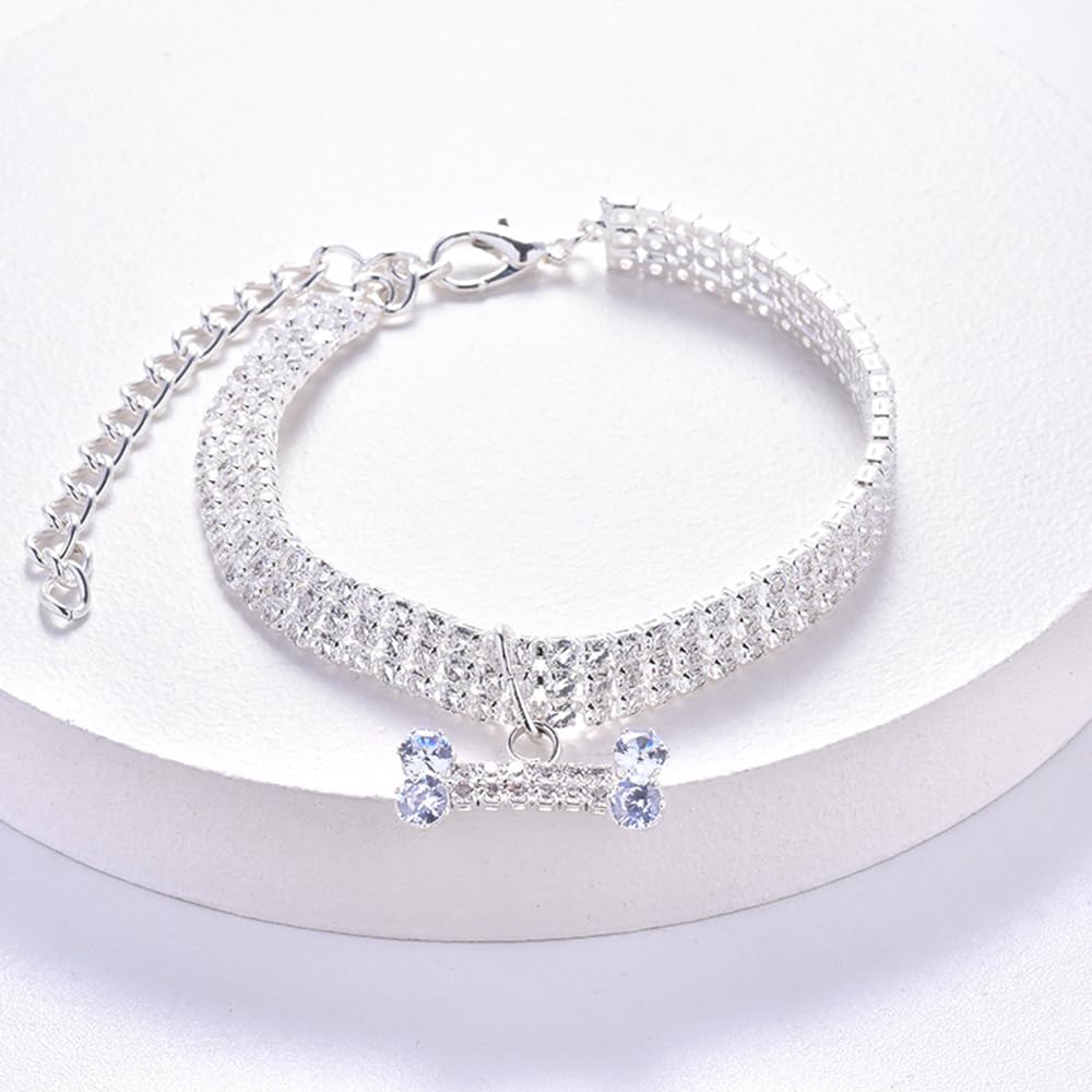 Sparkling Adjustable Rhinestone Pet Collar Necklace for Dogs & Cats - Fashion Bling Bone Design with 3 Rows Diamonds - Perfect for Weddings, Birthday Parties & Special Occasions - Silver Shiny Jewelry Gift for Small Puppies & Kittens
