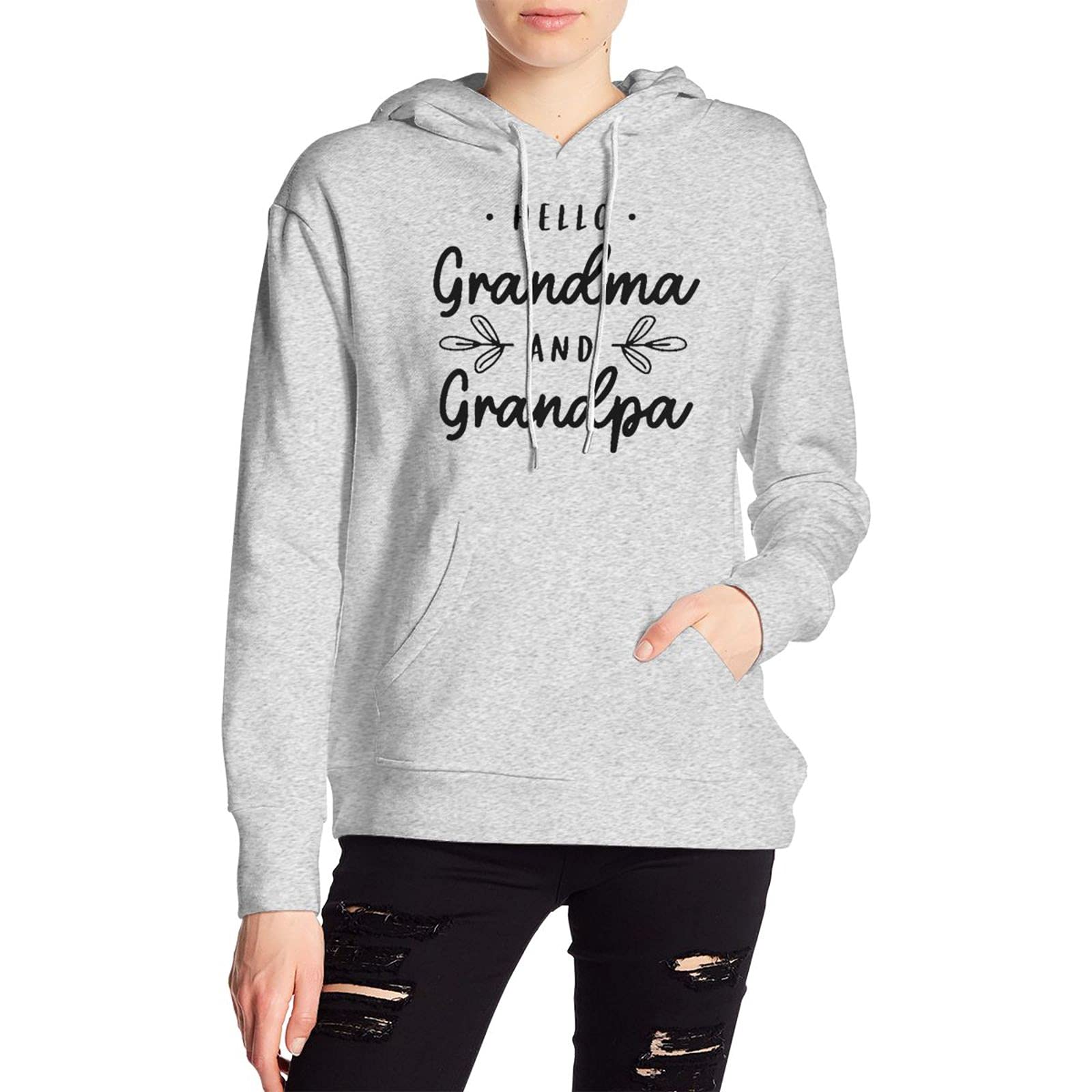 Hello Grandma & Grandpa Women's Hooded Sweatshirt - Long Sleeve Pullover with Drawstring & Pocket - Cozy Casual Wear for Family Gatherings & Outdoor Activities