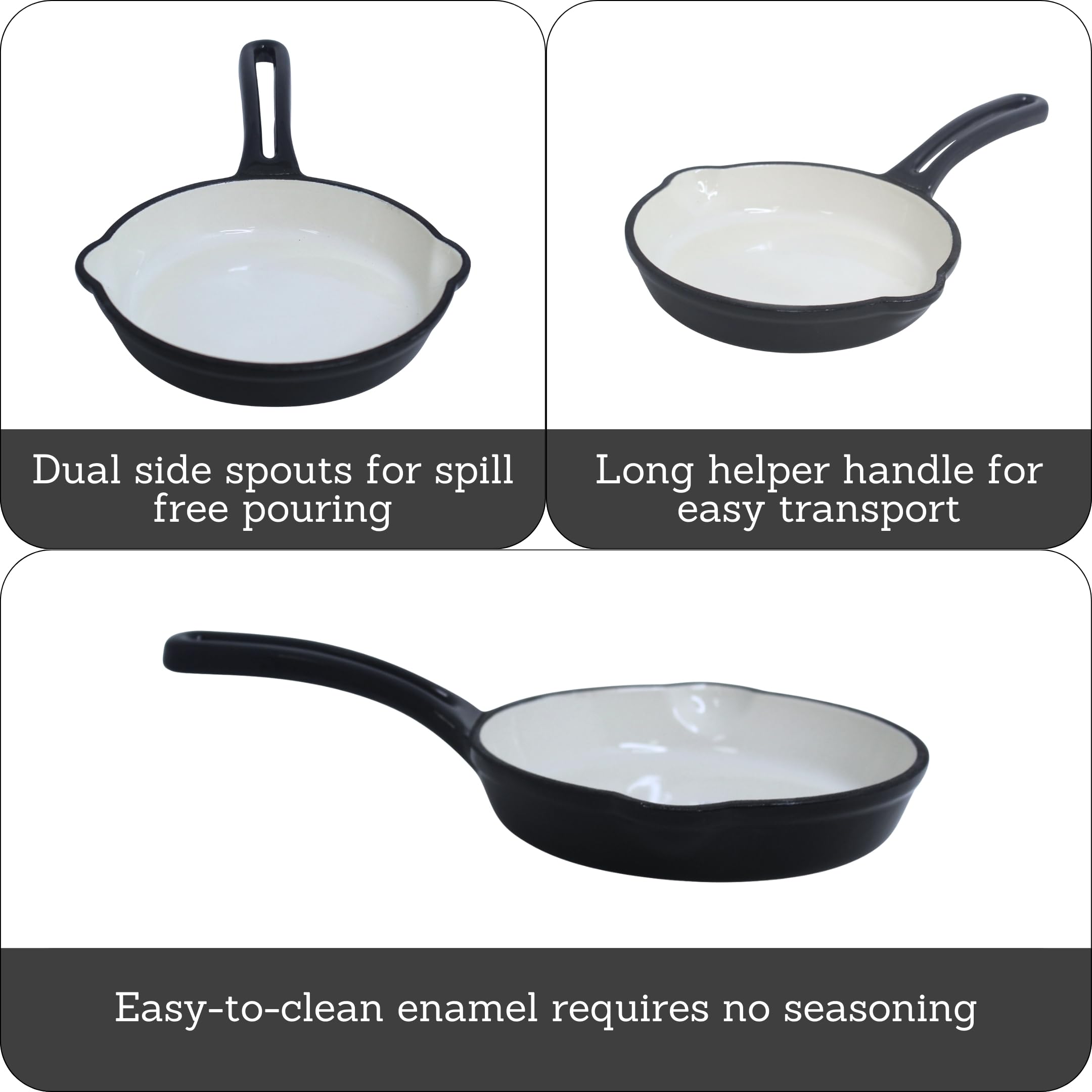Mirror 6 Inch Cast Iron Enamel Skillet - Pre-Seasoned Gray Dutch Oven for Stovetop, Oven & Camping - Perfect for Searing, Baking & Frying