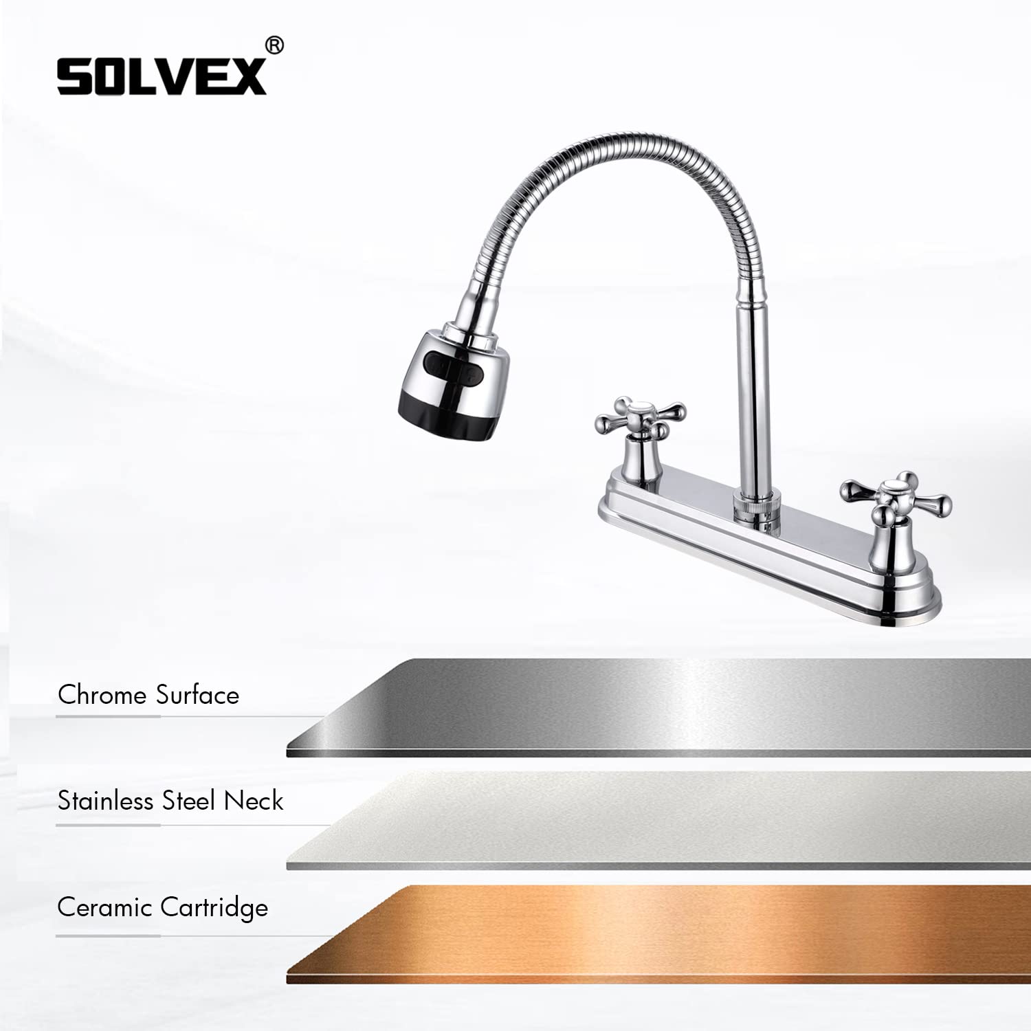 SOLVEX 2 Handle Commercial Kitchen Sink Faucet - High Arc 360° Swivel Stainless Steel 3 Hole Faucet with Flexible Spout, Modern Chrome Finish for Home & Restaurant Use (Model SP-80202) | Perfect for Washing Dishes, Food Prep & Heavy-Duty Cleaning