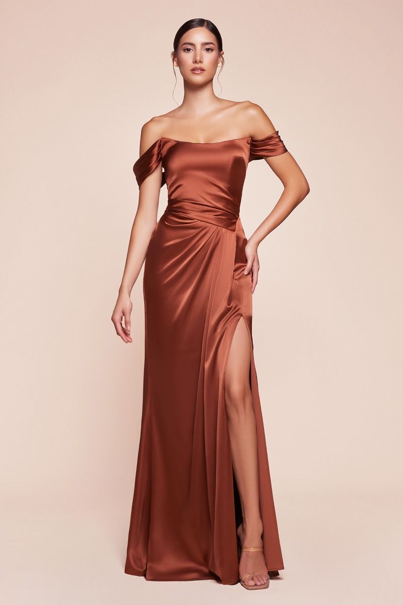 Emerson Off Shoulder Lace Up Corset Satin Evening Gown - Sienna Red Luxe Formal Dress for Prom, Wedding & Special Occasions