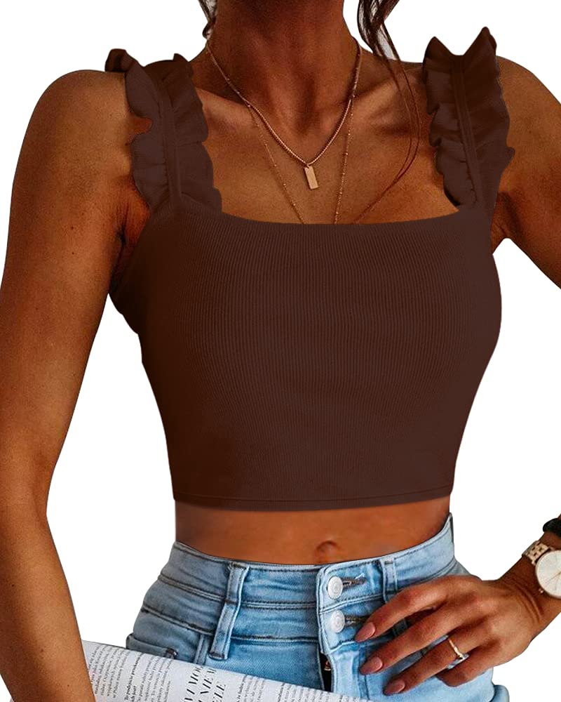 CLOZOZ Women's Cute Ribbed Square Neck Ruffle Sleeve Crop Tank Tops - Trendy Summer Casual Shirts for Going Out, Beach Wear & Date Night Outfits