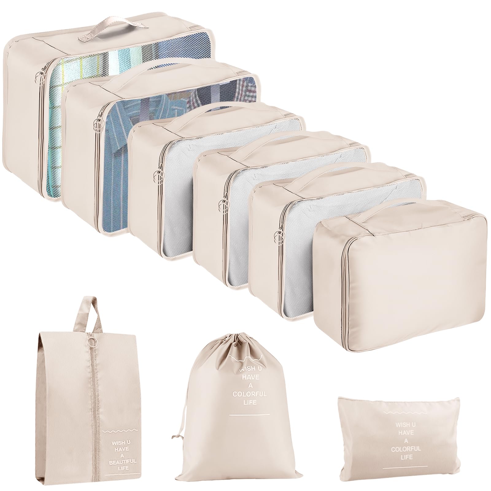 **9-Piece Packing Cubes Set for Travel - Breathable Mesh Luggage Organizer Bags for Suitcases, Durable Travel Essentials (Beige) - Perfect for Family Trips, Business Travel & Vacation Packing**