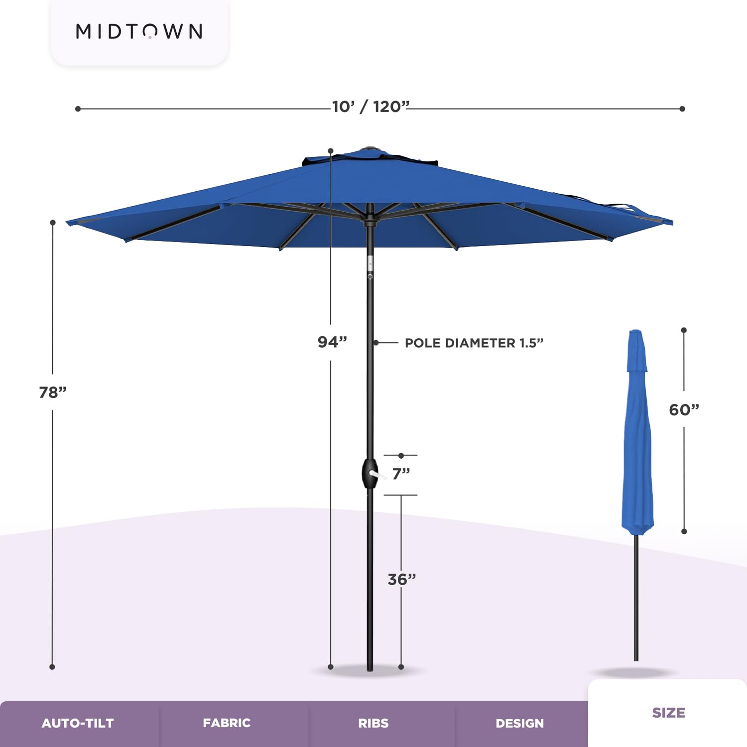 Midtown Umbrellas The Lean 10ft Outdoor Patio Umbrella - Sunbrella Dark Blue Acrylic Fabric, 8-Rib Aluminum Frame with Zinc Alloy Crank Lift & Auto-Tilt System - Perfect for Poolside, Backyard, and Outdoor Dining Areas